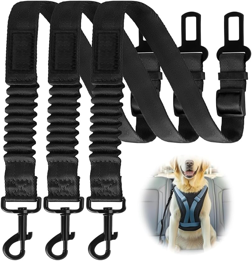 3 PCS Set Black Retractable Dog Car Leash, Adjustable Safety Dog Seat Car Harness,Thickened Dog Seat Belt for Car,Nylon Pet Safety Seat Belts Heavy Duty & Elastic,Seat Belt for Large Dogs in Car image number 1