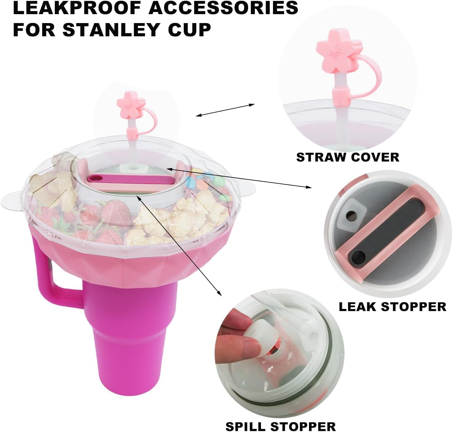 LINZOM Stanley 40Oz Cup Accessories Set Snack Container with Straw Cover for Gym Travel Outdoor Use Leakproof Reusable Pink Design (2-In-1 Combo) image number 2