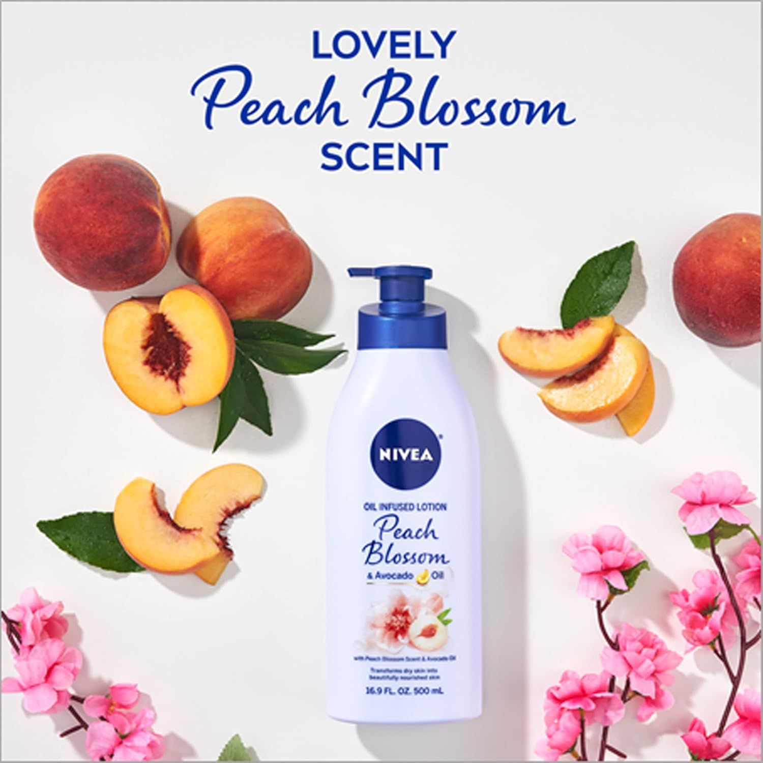 NIVEA Oil Infused Peach Blossom and Avocado Oil Body Lotion, Body Lotion for Dry Skin, 16.9 Fl Oz Pump Bottle image number 3
