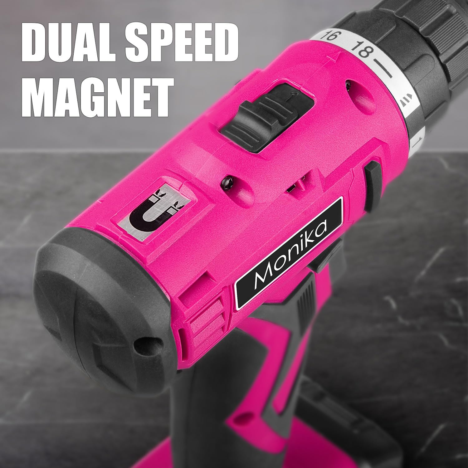 Monika 12V Pink Lithium Cordless Drill Bit Set Kits Screw Bits Sockets 18+1 Torque Setting, LED Light, Electric Power Drill Driver for Home, Office DIY and Wall Drilling, Wood, Metal W/Battery image number 1