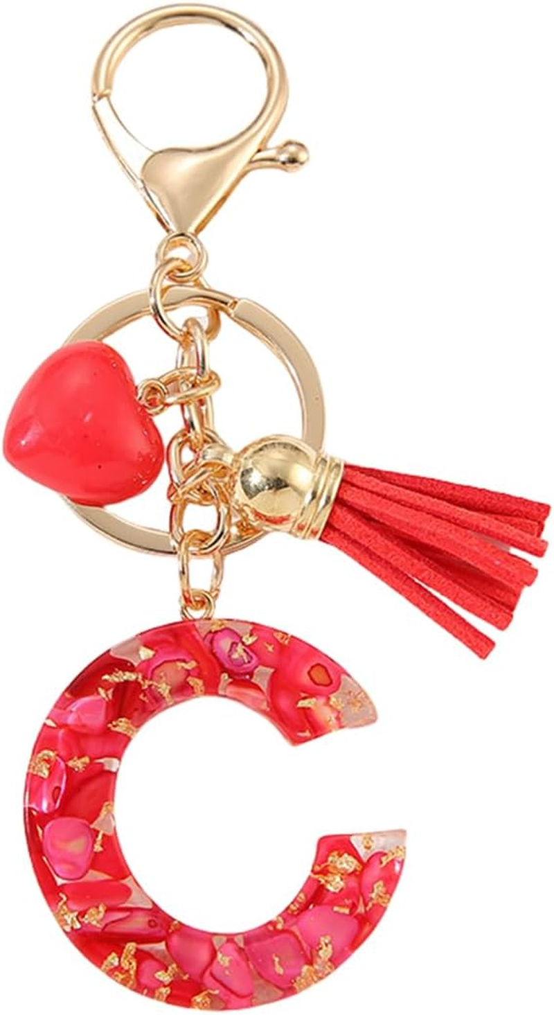 Gierzijia Red Stone Love Tassel A-Z Alphabet Resin Keychain, Initial Letter Key Ring Accessories Bag Charms