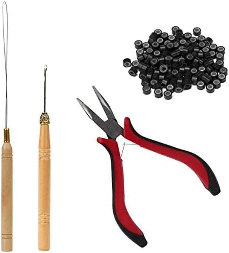 1 Set Hair Extension Tool Kit Plier Hook Pulling Needle 200Pc Micro Silicone Link Rings Beads for Professional Hair Styling Tools Accessory (# 1)