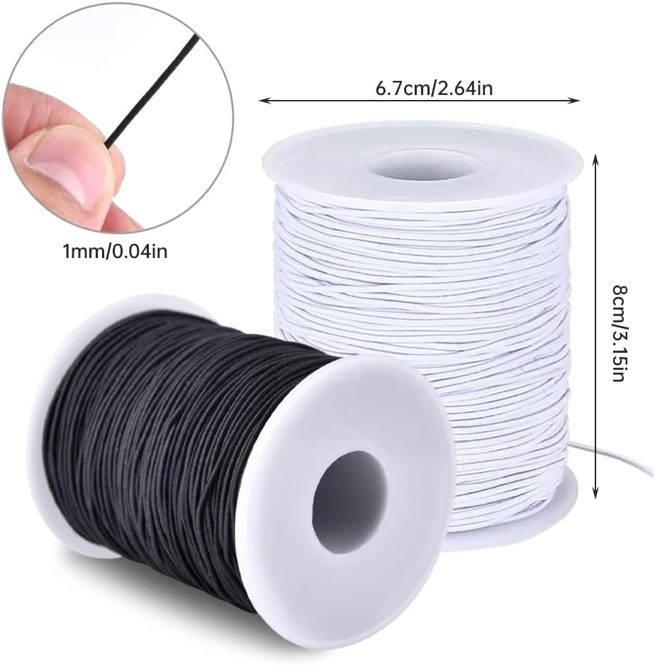 2 Roll 1 Mm Elastic String Cord Elastic Thread Beading String Cord for DIY Jewelry, Hair Ties Bracelets, Necklaces, Beading and Crafts 100 Metres/Roll(Color:White and Black)