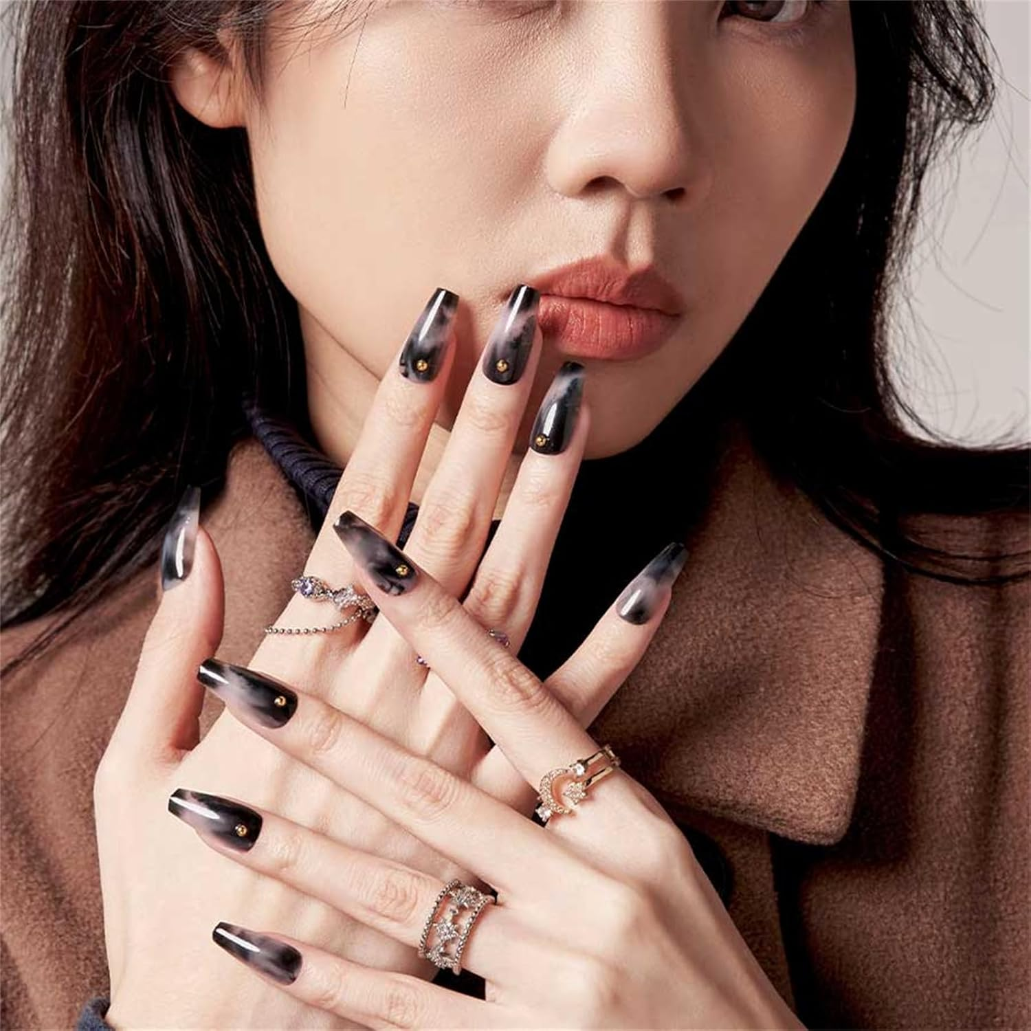 Black Press on Nails Coffin, GLAMERMAID Black Flase Nails Medium Long Reusable Acrylic Fake Nails with Glue, 24Pcs Black Black Glitter Stick on Nails Kits Full Cover with Design for Women Girls - Pearly White image number 6