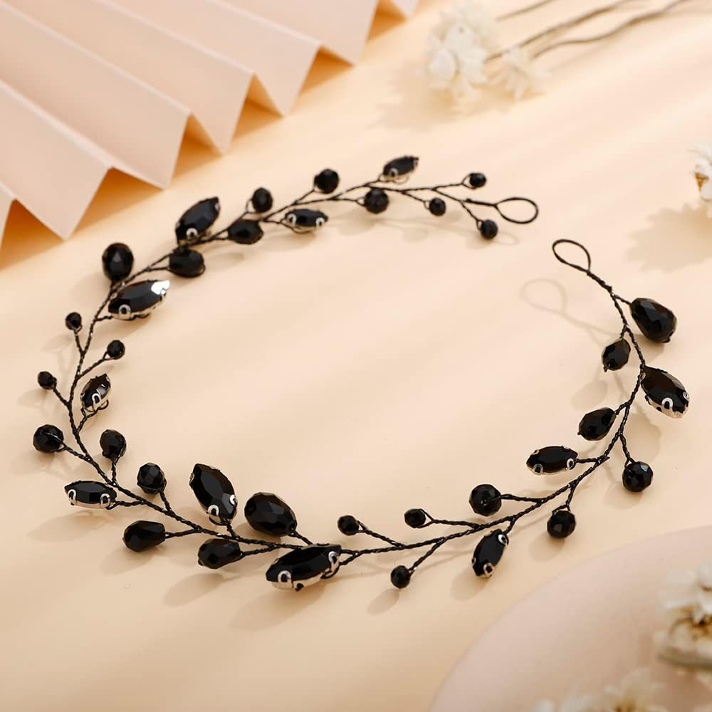 Teyglen Bridal Rhinestone Crystal Hair Vine - Handmade Long Black Rhinestones Headband for Brides, Vintage Headpieces for Women, Party Prom Birthday (Black)