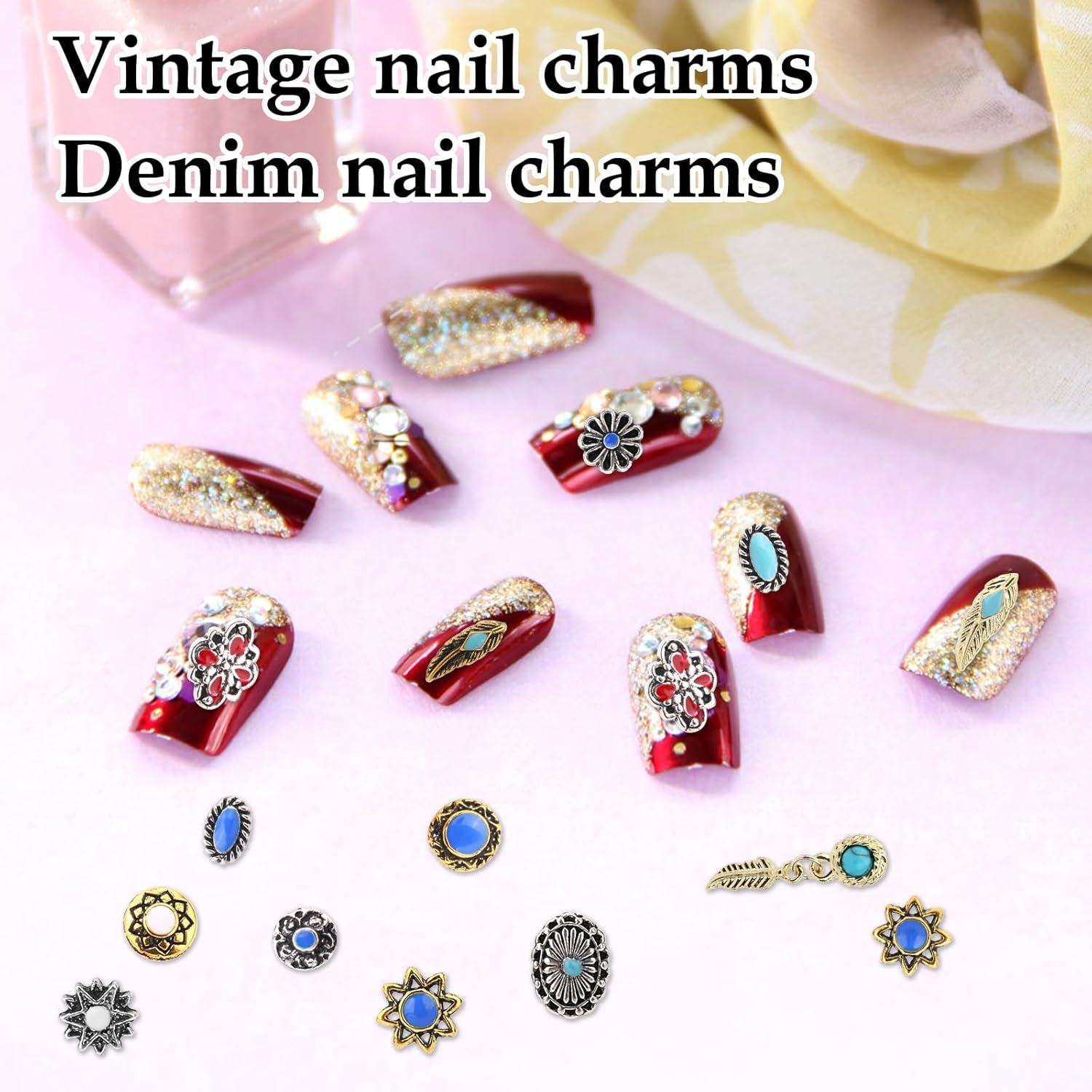 50Pcs Stylish Western Turquoise Nail Charms, Retro Metal Cowboy Nail Gems Mixed Shapes DIY Manicure Accessories for Gel & Acrylic Fingernails image number 1