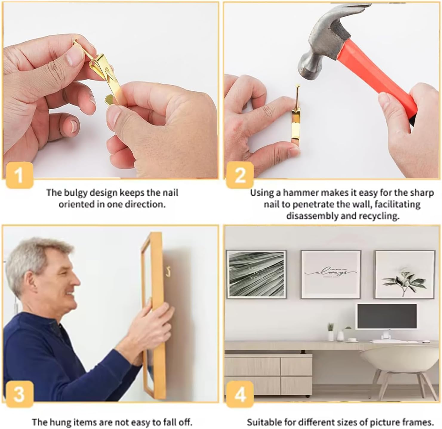 Roczential 50Pcs Picture Hooks for Wall Hanging Kit with Nails 30 Lbs Picture Rail Hooks for Photo Frames, Includes Sawtooth/D Ring/Screw Eyes, Ideal for Drywall Home & Office(Gold) image number 1