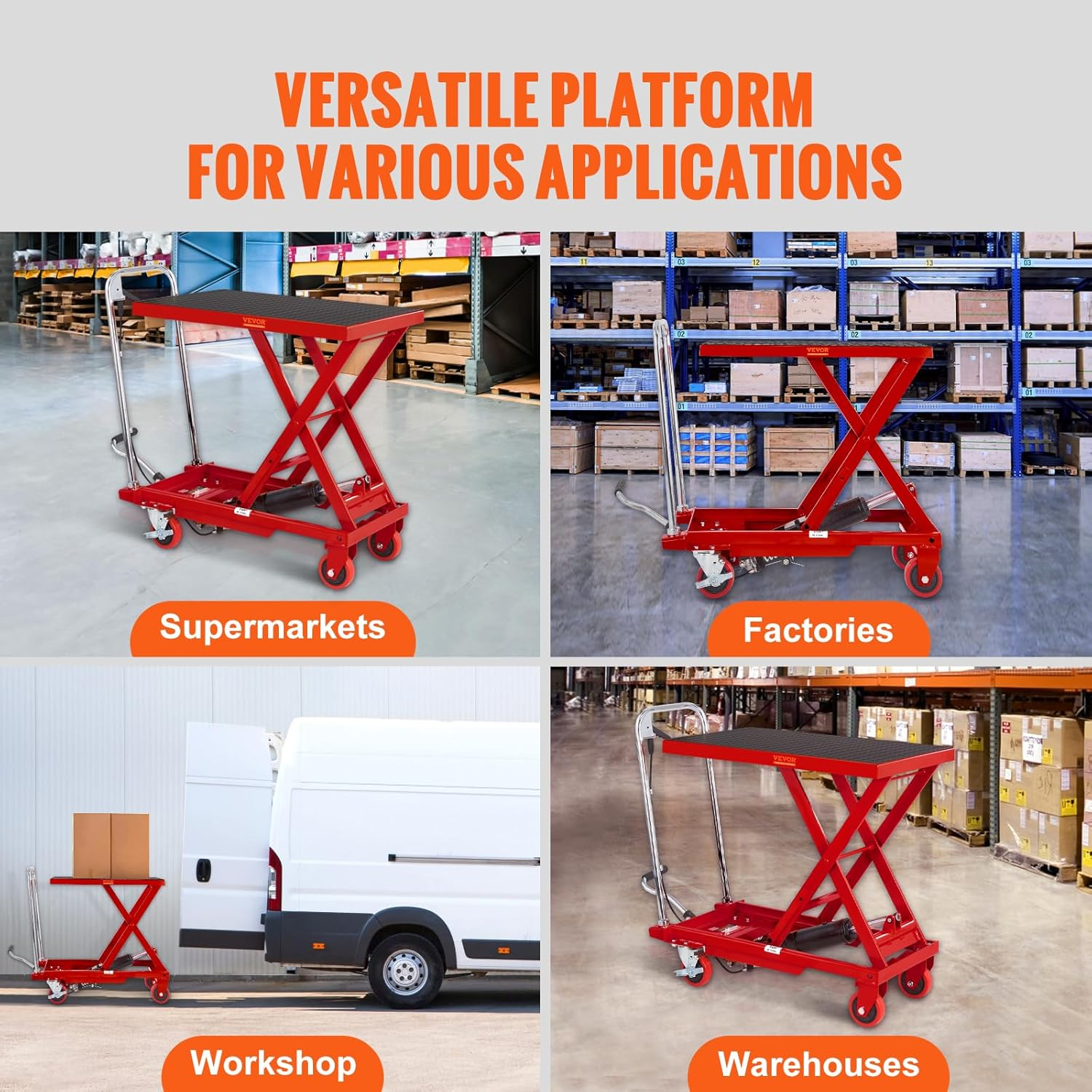 VEVOR Hydraulic Lift Table Cart, 500Lbs Capacity 28.5" Lifting Height, Manual Single Scissor Lift Table with 4 Wheels and Non-Slip Pad, Hydraulic Scissor Cart for Material Handling, Red image number 3
