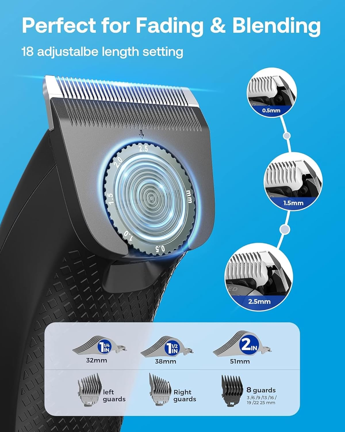 GLAKER Hair Clippers for Men - Cordless 3 in 1 Versatile Hair Trimmer with Extra Long Guards, Detachable Blade & Storage Bag, Complete Mens Grooming Kits, Ideal Gifts for Men image number 6