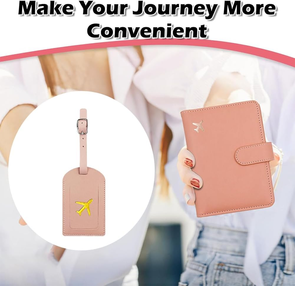 Passport Holder with Leather Luggage Tags, Travel Wallet Set, Haves Accessories Passport Book Holders for Women and Men (Pink) - Blue image number 5