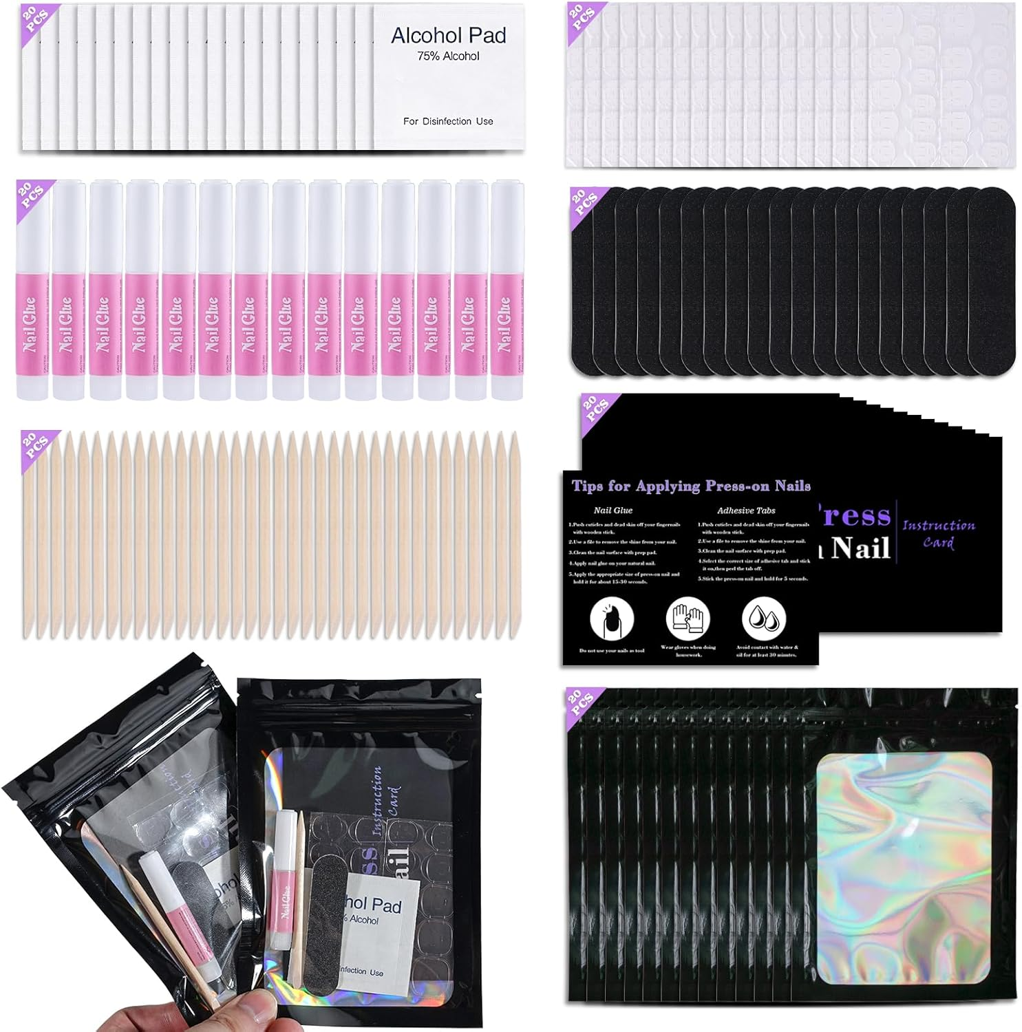 Disposable Nail Supplies Kits,Professional Manicure Press on Nail Tool Kit with Nail File,Adhesive Tabs,Nail Glue,Sticks, Prep Pads,Bags,Cards for Nail Business(Black-140Pcs20Set) image number 5