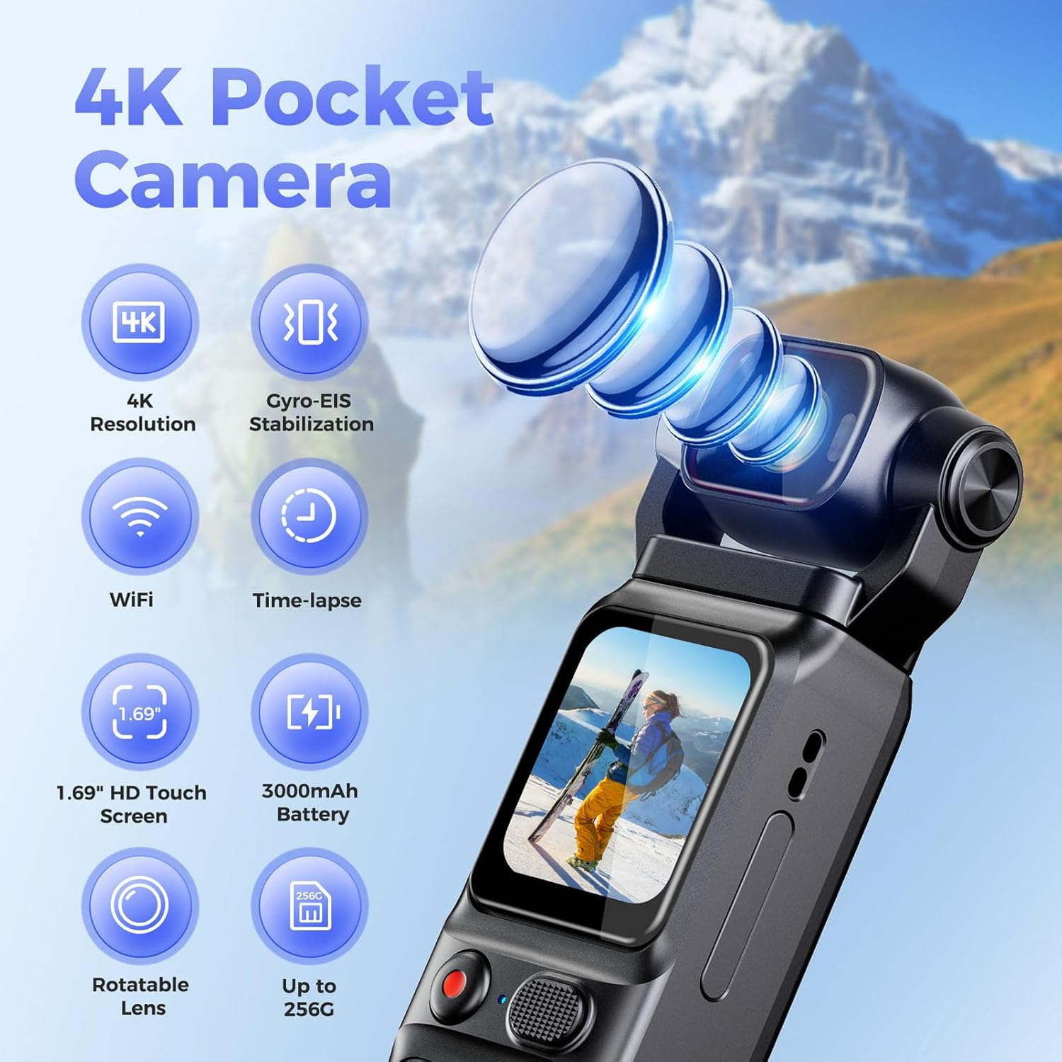 MENDUNER 4K Handheld Camera with 1.69" Touchscreen, 140&deg; Wide Angle 6 Axis Stabilization, 3000Mah Battery Vlogging Camera, Wifi App Control Support 48MP Photo Slow Motion image number 5
