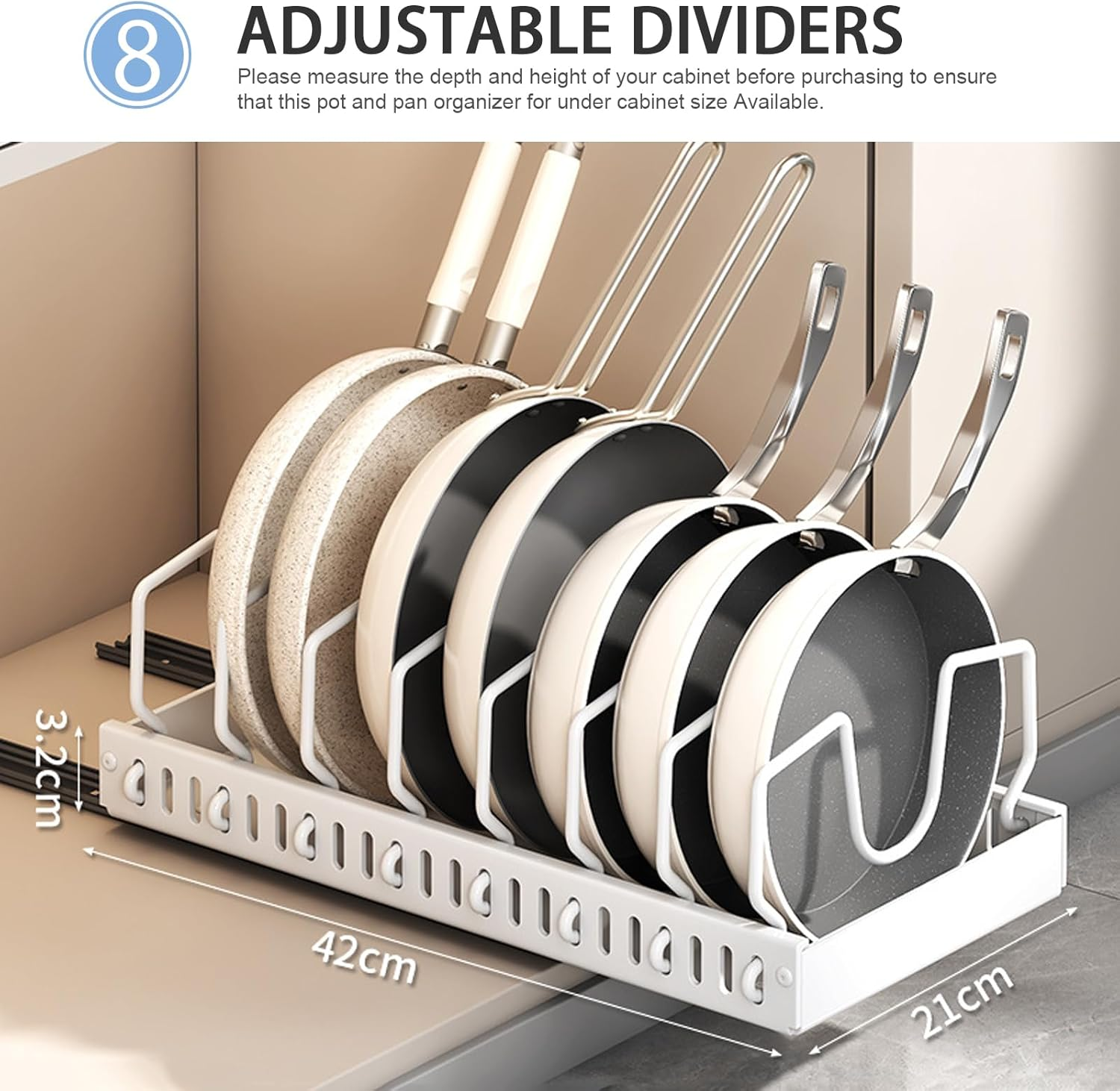2 Pack Pots and Pans Organizer for Cabinet, Pull Out Pots and Pans Organizer under Cabinet, Pan Organizers Storage with 8 Adjustable Dividers for Pot Lid, Dishes (White) image number 5