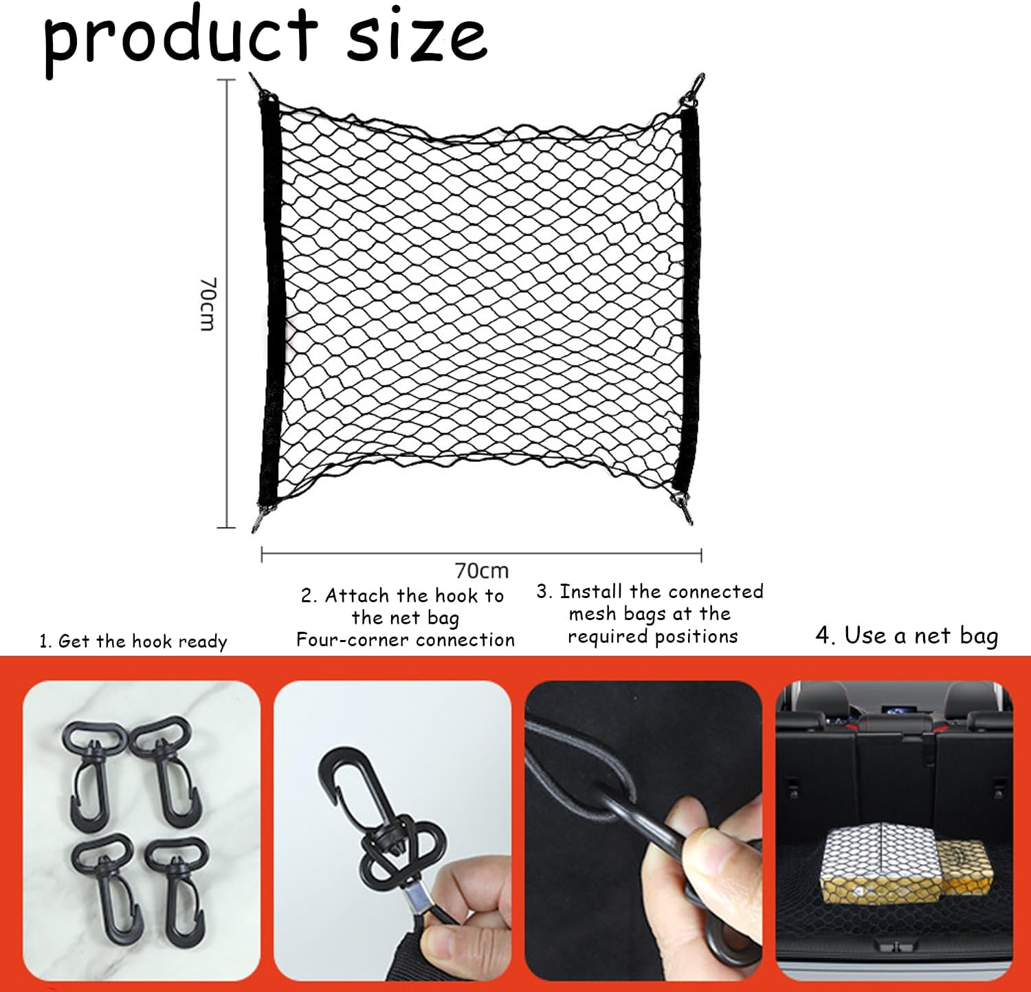 Universal Elastic Cargo Net with Hooks, Heavy-Duty Stretchable Trunk Storage Mesh Net for Cars, Suvs, Trucks & Vehicle Exterior Accessories, Adjustable Automotive Organizer(70Cm*70Cm) image number 1