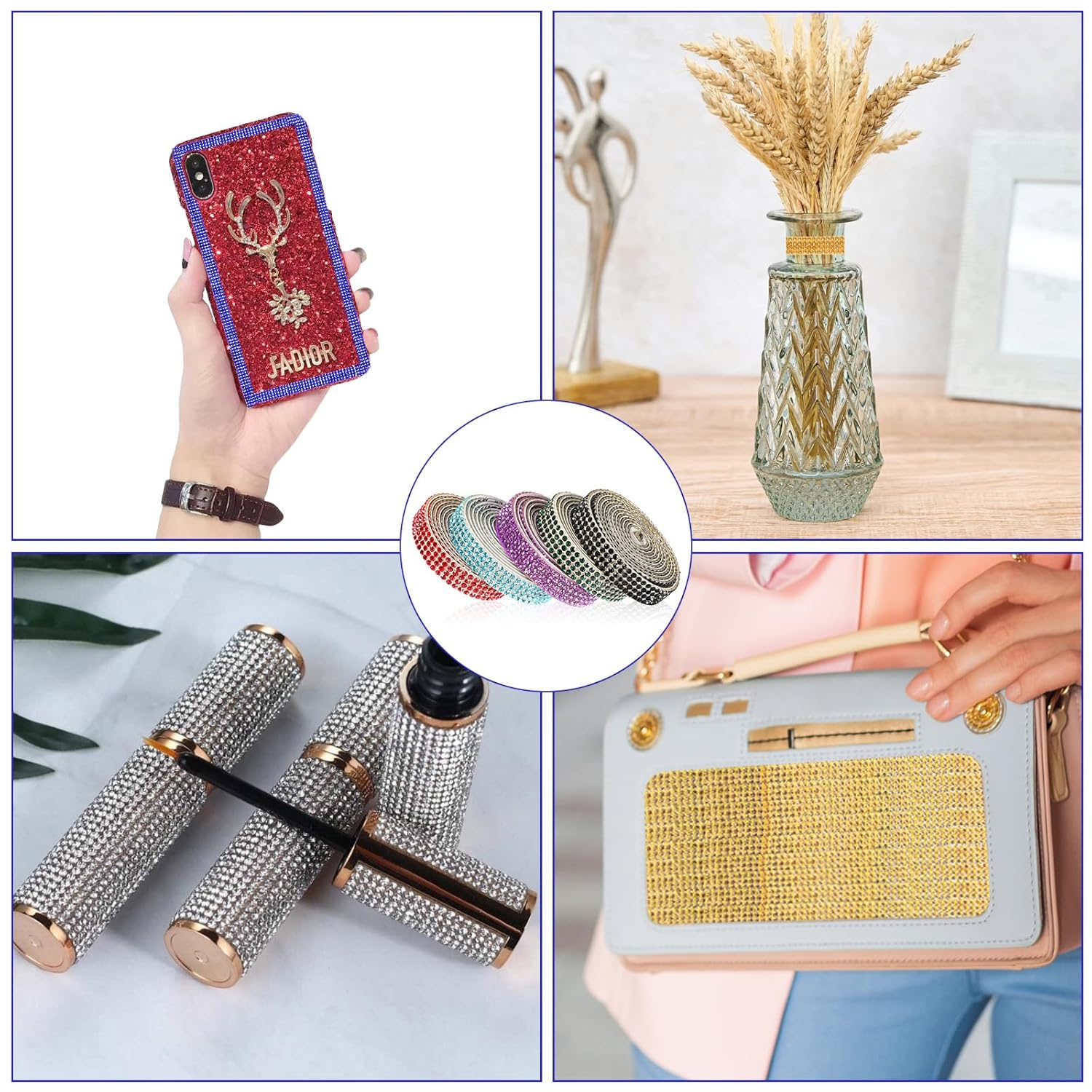 10 Rolls Self Adhesive Rhinestone Ribbon Crystal Diamond Tape Assorted Colors Rhinestone Strips for DIY Phone Car Rhinestone Hat Band Decorations Glitter Arts Crafts Sticker (Each Roll 1 Yard) - Multicolour 3 image number 6