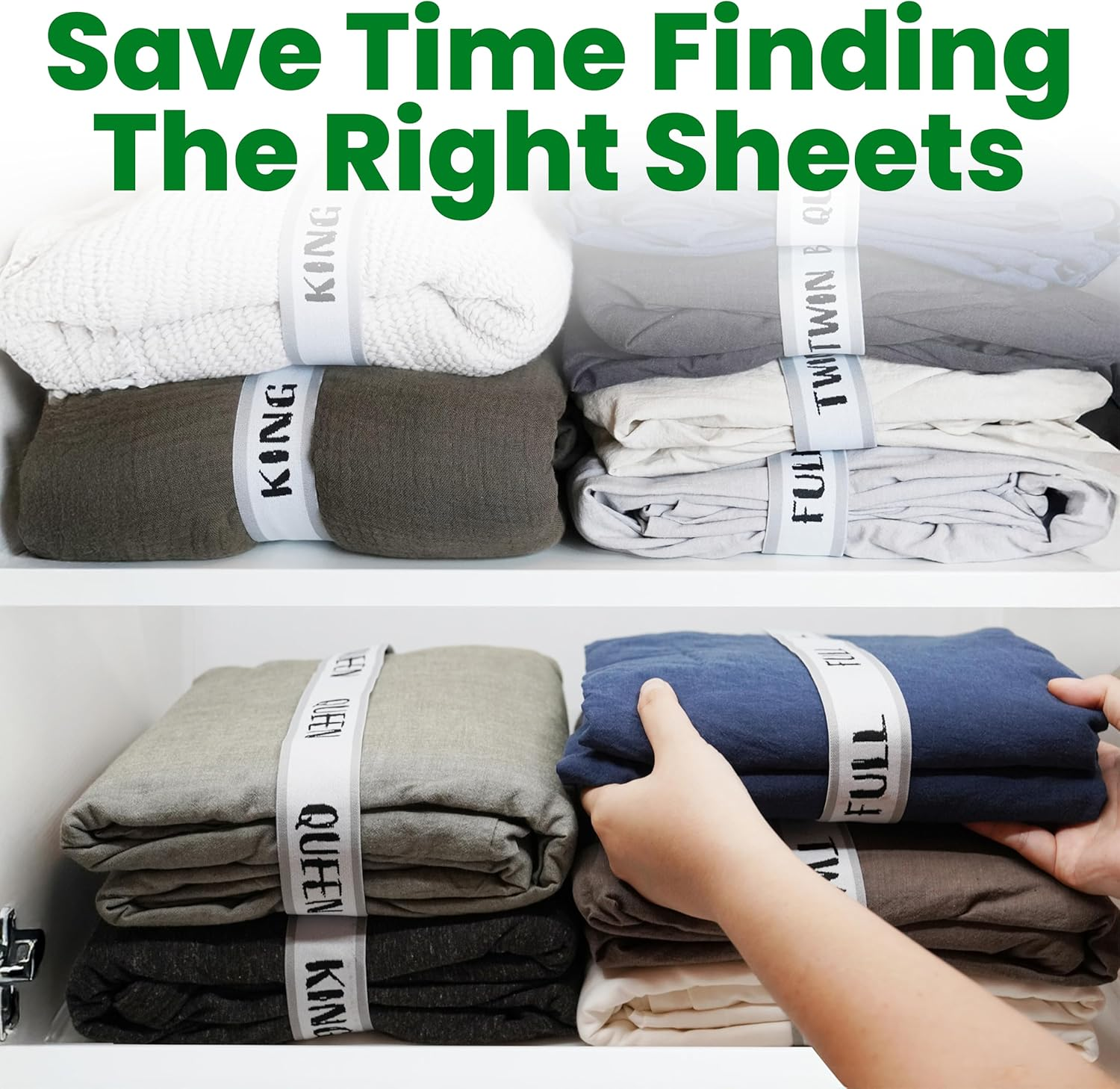 Ecohomes Bed Sheet Organizer and Storage Size Label Bands | Bed Sheets Set Organizers for Linen Closet Organization - Elastic Bedding Band Labels for Organizing Bedsheet (Full 2Pcs Pack | White) image number 5