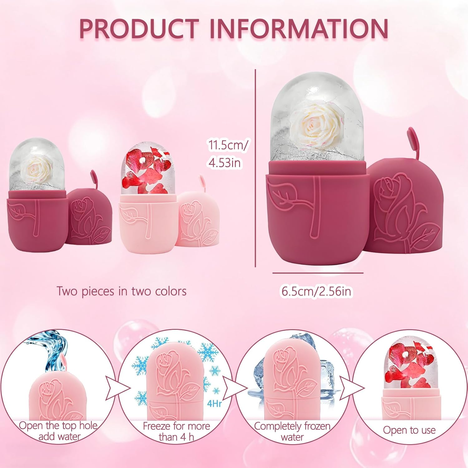 Ice Roller for Face, Eyes & Neck, Skin Care Tools, Silicone Ice Cube Massager for Skin Care, De-Puffing Eye Bags, Migraine Relief, Reusable Ice Mold for Face Massage (Rose Red & Pink) - Black  White image number 2