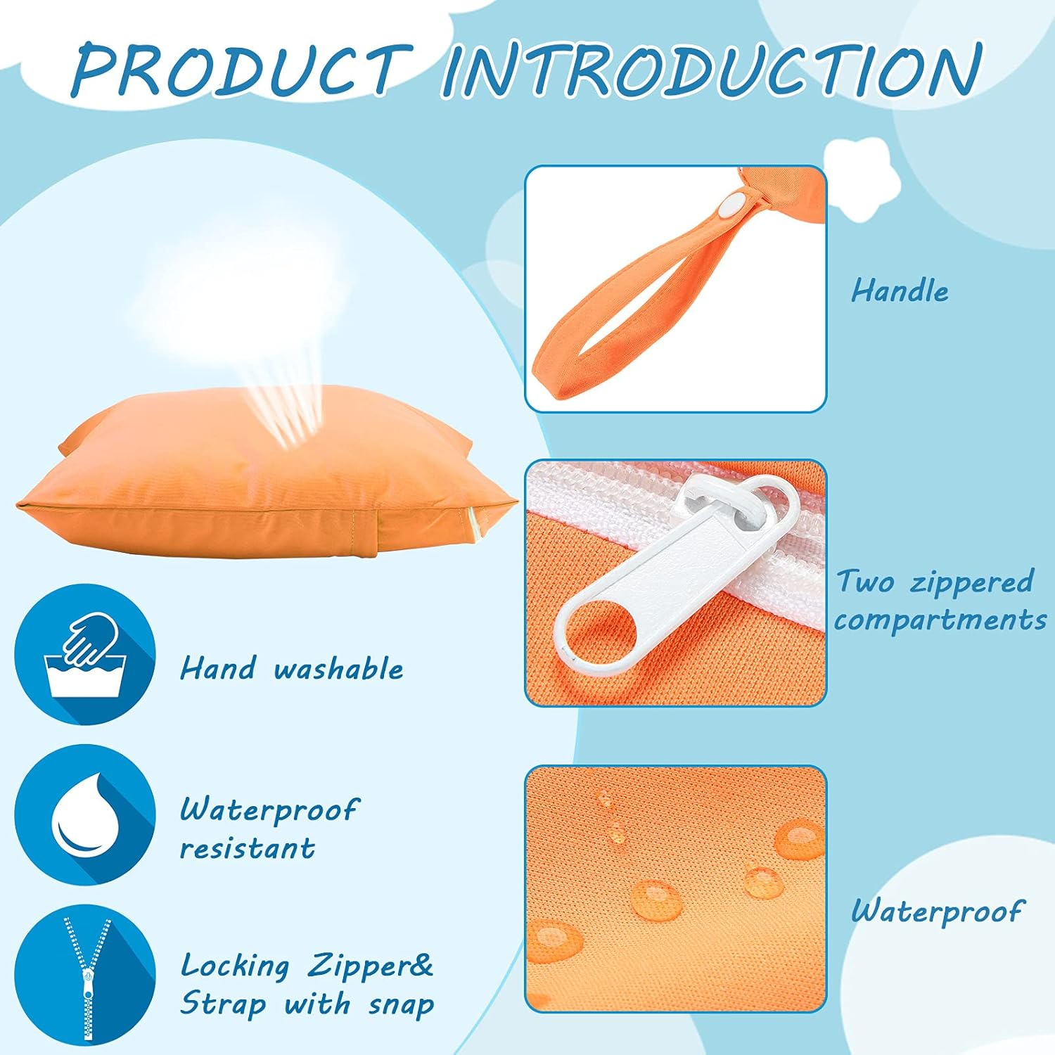 Shappy 4 Pcs Wet Dry Bag for Baby Cloth Diapers Waterproof Wet Bag Washable Travel Reusable with 2 Pocket for Travel Beach Pool(Blue, Purple, Pink, Orange) image number 5