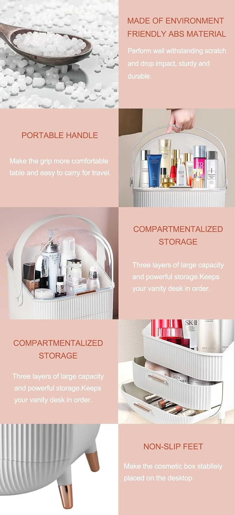 Kiiss Makeup Storage Organizer,Cosmetics Display Case with 2-Layer Storage Box and Transparent Cover, Portable Cosmetics Storage Box, Bedroom Vanity Desk (White) image number 4