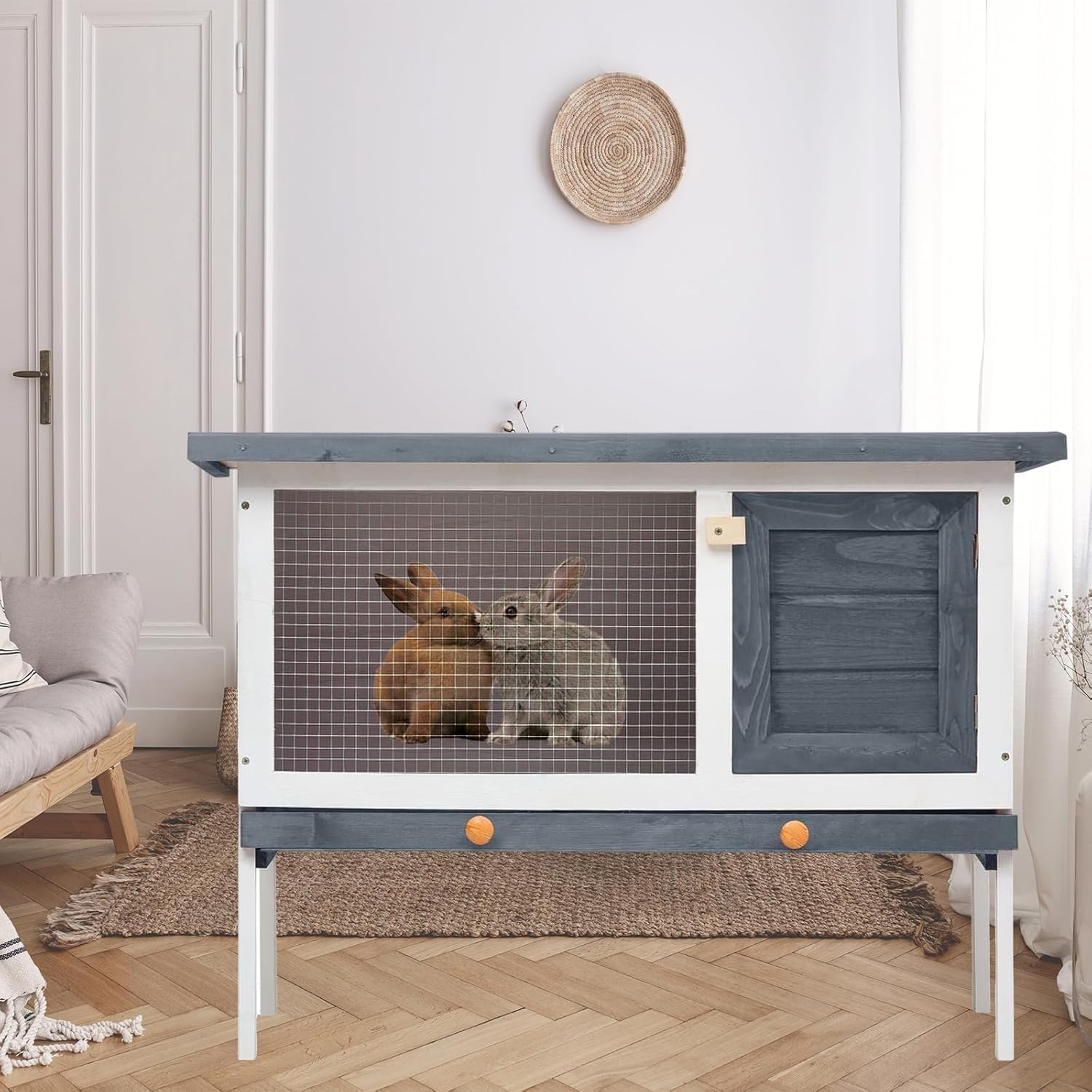 Elevated Wooden Rabbit Hutch, Indoor/Outdoor Bunny Cage with Weatherproof Green Asphalt Roof,Slide Bolt Latch and Removable Tray for Rubbit,Guinea Pig,Hamster (Grey, 90L X 45W X 65H) image number 2