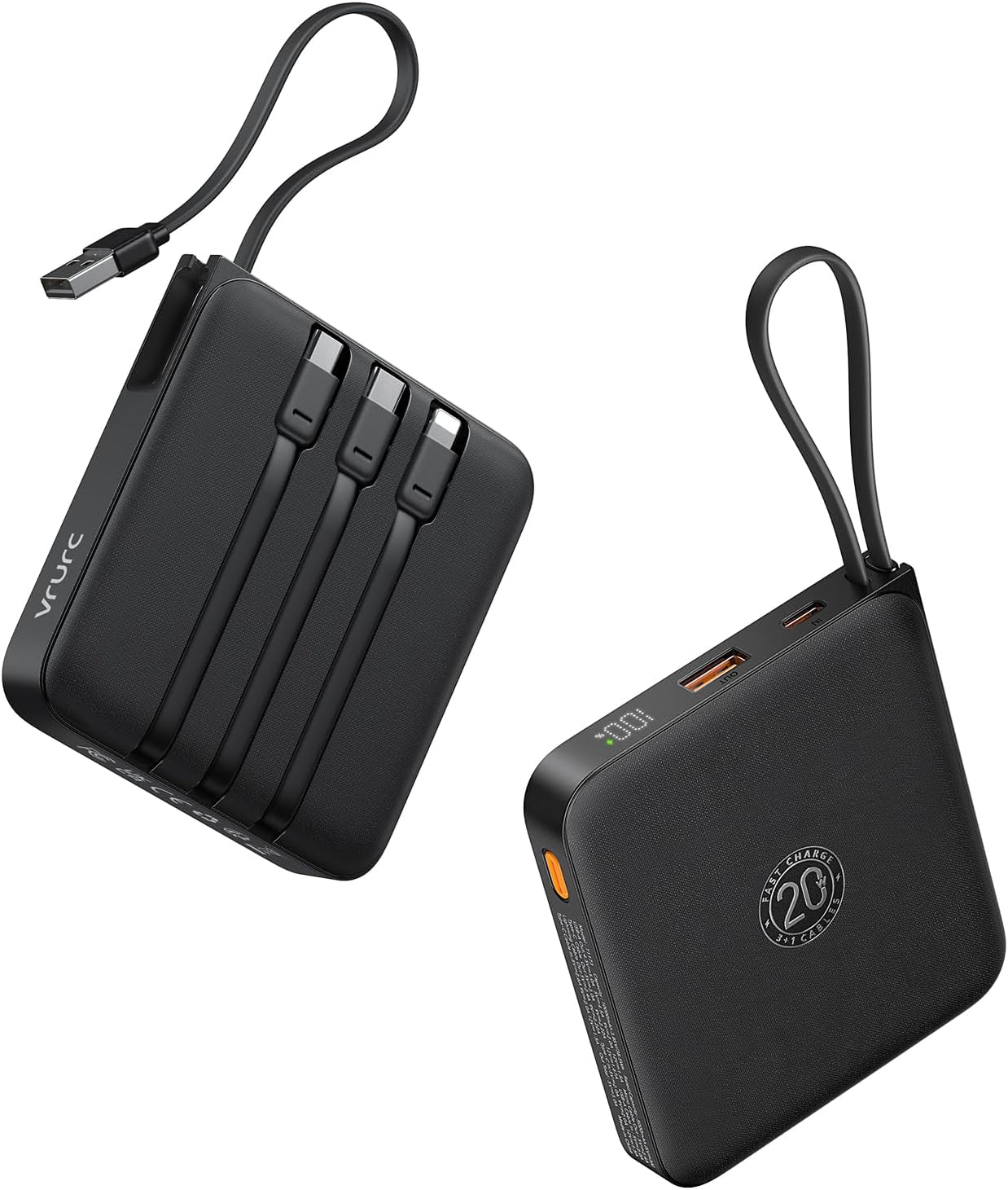 Power Bank 20000Mah with Built-In 4 Cables, VRURC Portable Charger for Iphone 22.5W Fast Charging USB C Battery Pack, Travel Essential for Iphone 16 15 14 Samsung Galaxy S23 Etc Phone,Black