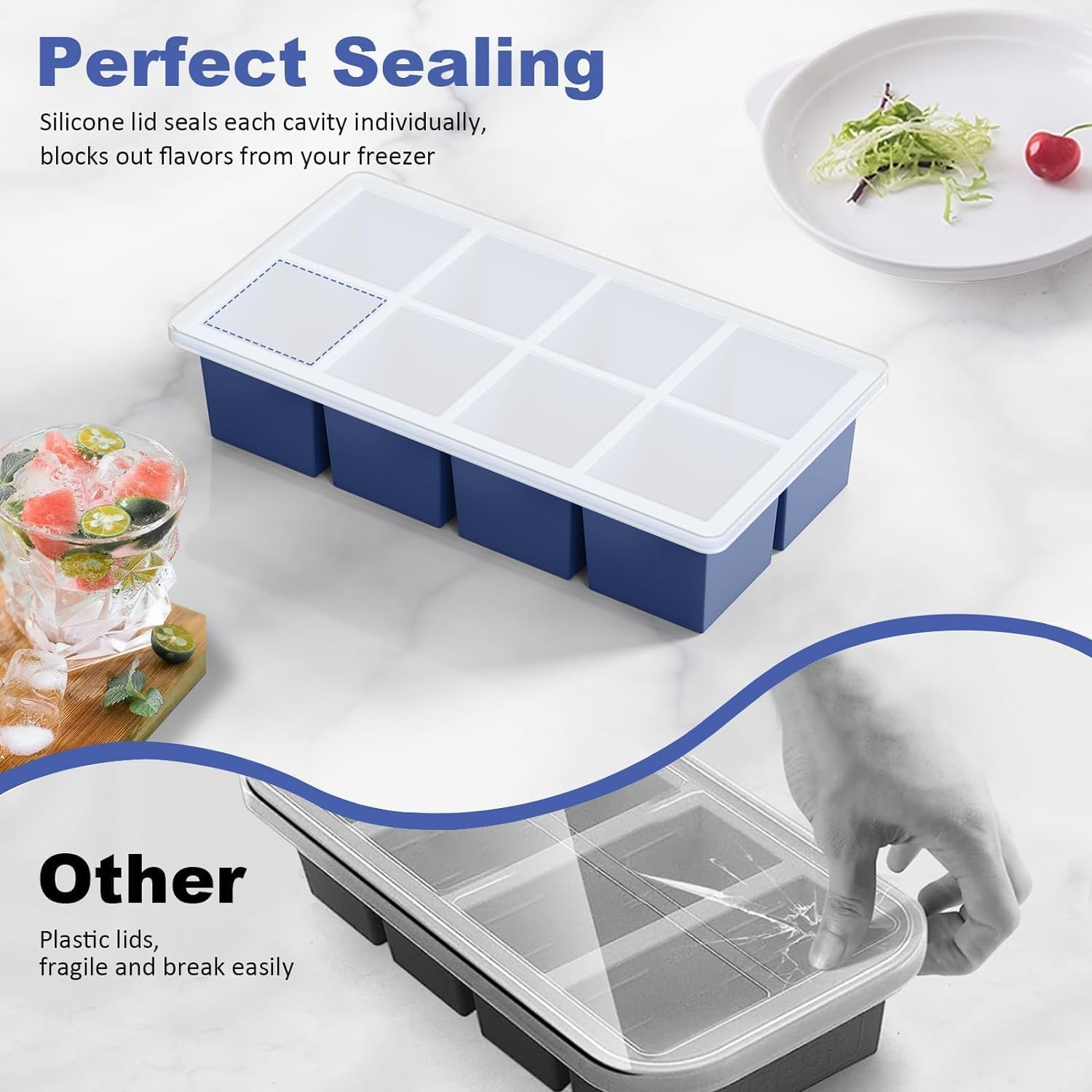 Large Ice Cube Trays, Big Silicone Ice Cube Trays 2Inch - Huge Square Ice Cubed Tray for Drink，2Pcs (Blue) image number 2