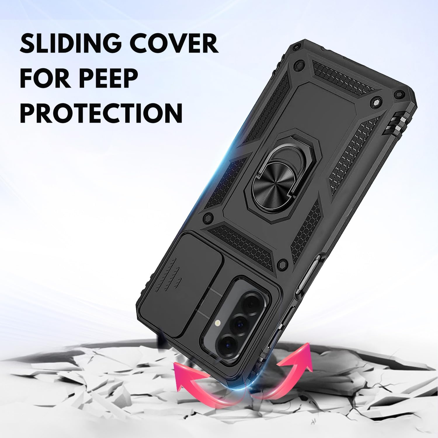 T Tersely Shockproof Case Cover for Samsung Galaxy A36/A56 5G (2025), Anti-Fall Drop Protection, Built-In Slide Anti-Scratch Camera Lens Cover, Integrated 360 Degree Rotating Ring Kickstand, Black image number 1