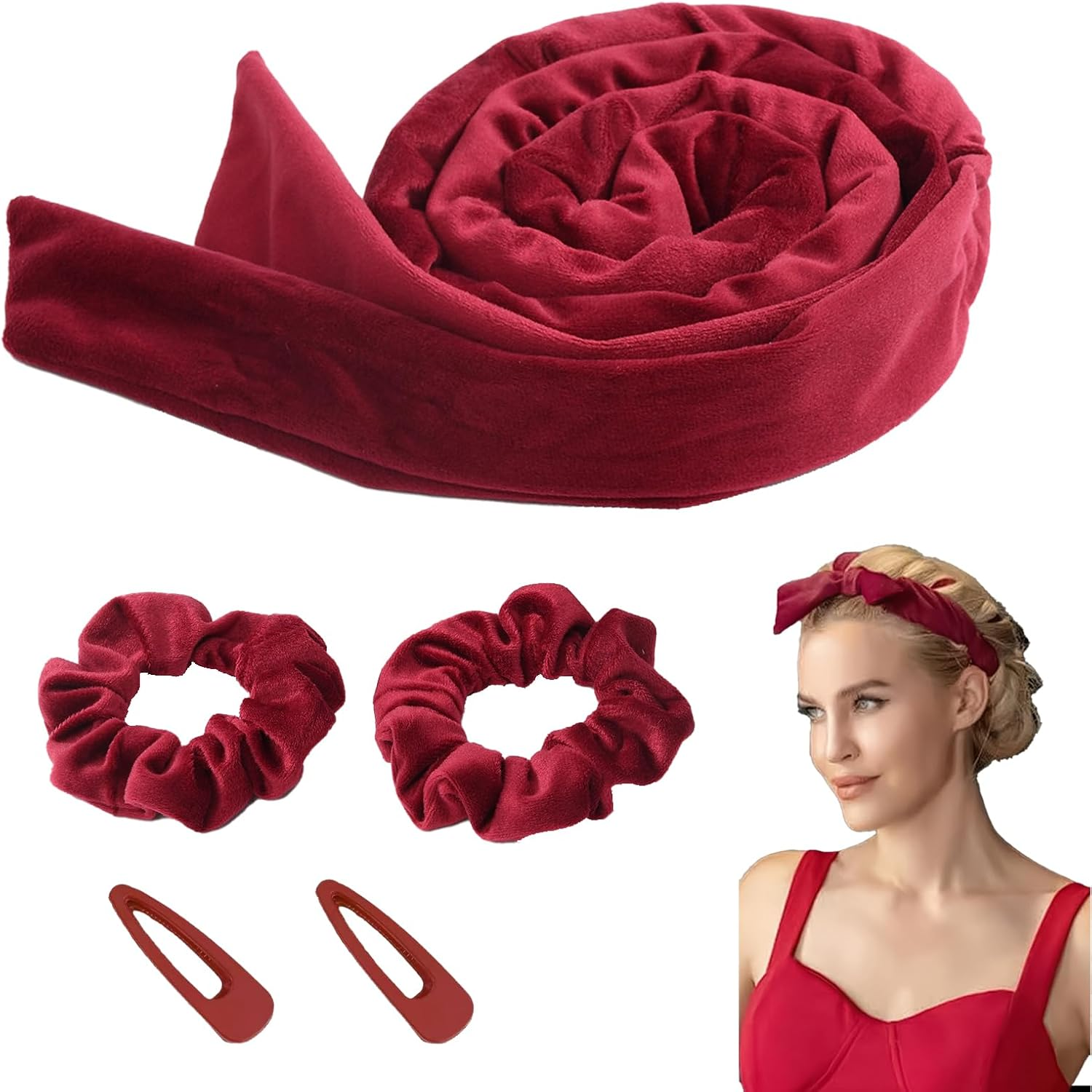 KASESSS Heatless Curlers, Silk Heatless Curlers Headband for Sleeping Overnight, Heatless Curls, Hair Curlers No Heat for All Hair Types, Soft Velour Heatless Hair Curler, Heatless Curler, Red image number 5