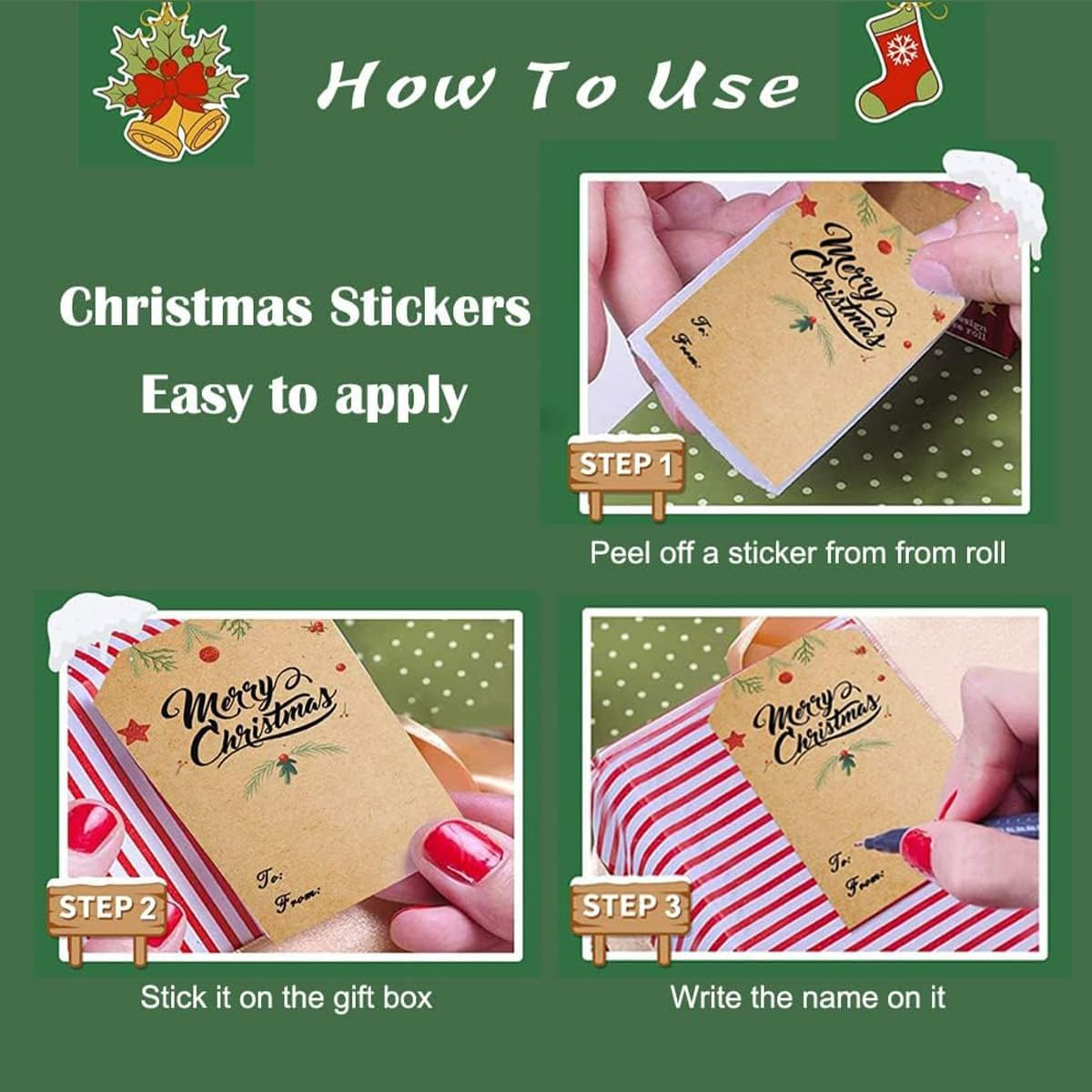 300Pcs Christmas Stickers, Kraft Christmas Labels with 4 Christmas Patterns, Writable Christmas Stickers Label Tags for Gift Wrapping, Decoration, Greeting Cards, Envelops image number 4