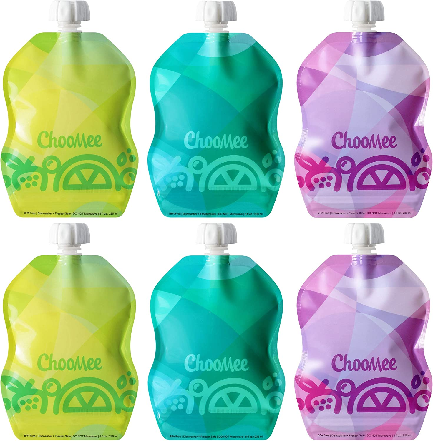 Choomee Reusable Baby Food Storage Pouches, 8 Oz | Ideal for Baby Food, Smoothies and Purees | Secure Double Lock Zipper, Wide Bottom, BPA Free | Snakpack Tropicolor 6 CT image number 3