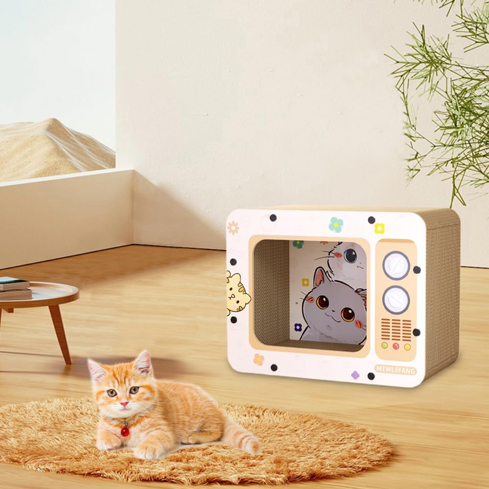 Retro TV Mog Scratcher, Cardboard Pussy Lounge, Eco-Friendly Paperboard Cat Scratching, Cute Style Moggy for Kittens Claws and Sleeping Space image number 2