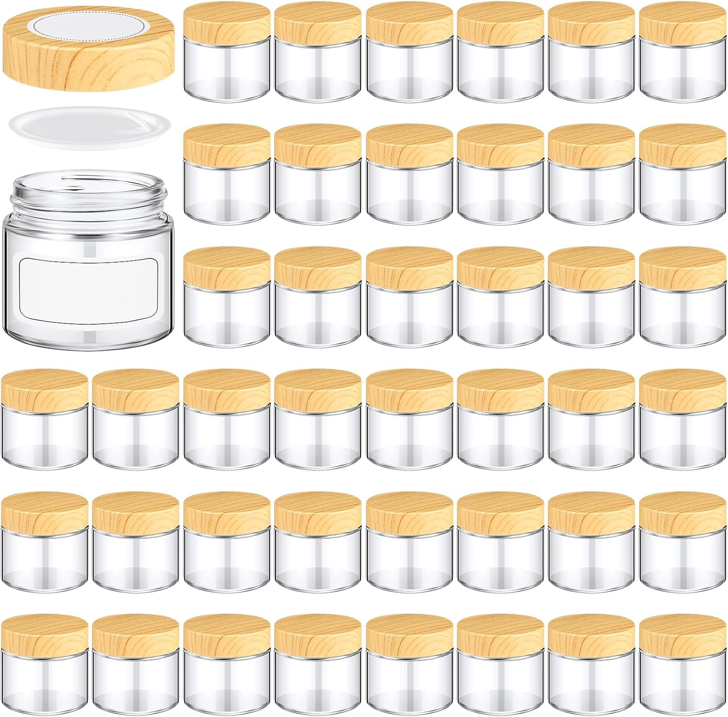 Layhit 64 Pcs 2Oz Glass Jars with Lids Clear Small Jars with Plastic Woodgrain Lids, White Labels and Inner Liners Empty round Cosmetic Containers for Creams Lotions Candle Making(2Oz/ 60Ml) image number 6