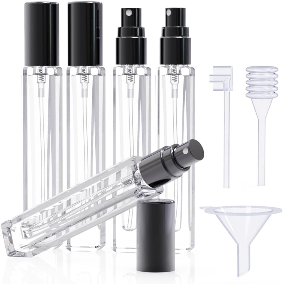5PCS Cologne Atomizer Empty, 10ML Mini Perfume Bottles Refillable with Dispenser Tools, Pocket Spray Bottle for Travel and Sample Container (Transparent+Silvery Cap)