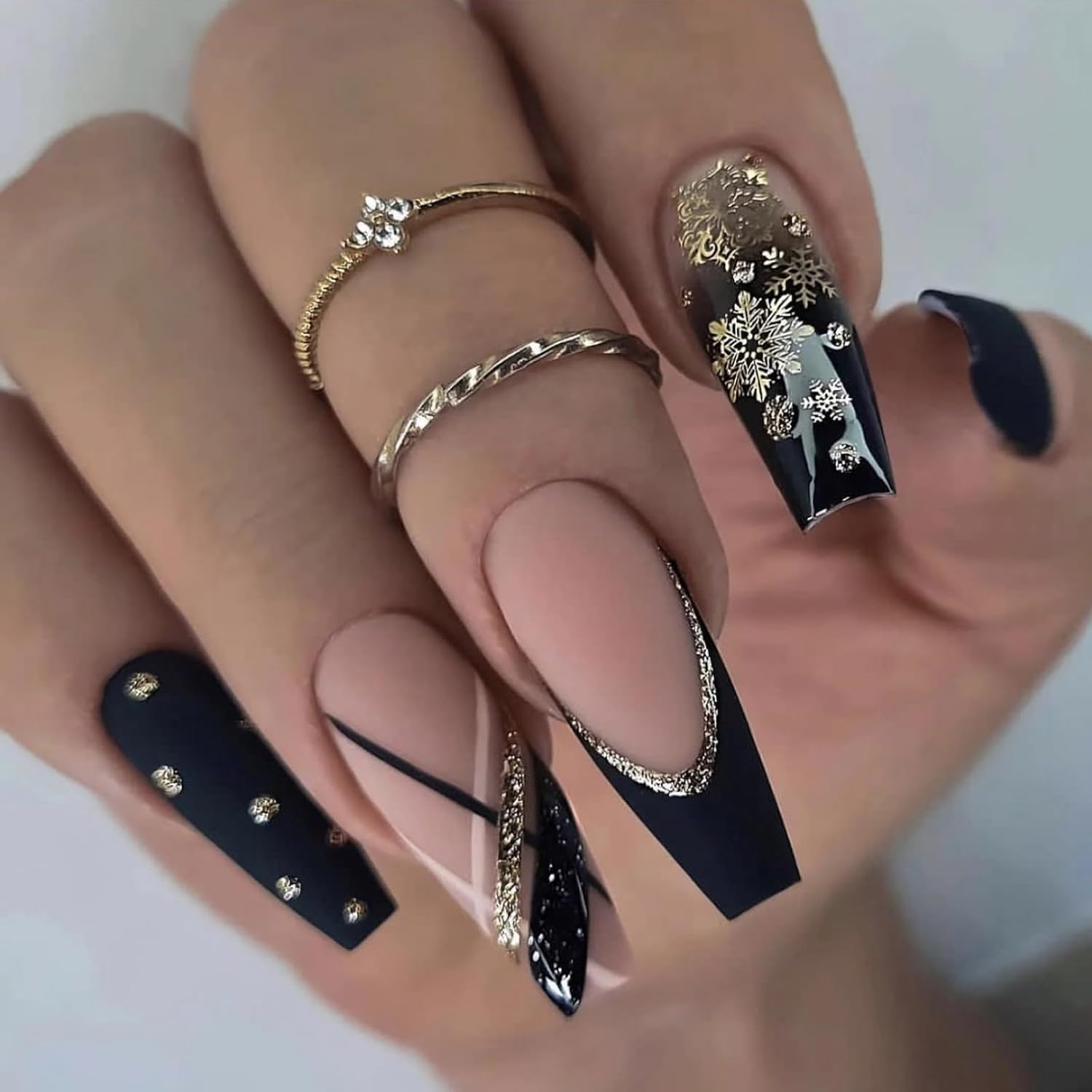 MISUD Press Nails Long Coffin False Nails Glossy Glue on Nails Gel Nude Acrylic Nails Bling Gold Glitter French Tip Ballerina Artificial Nails 3D Flower Rhinestone False Nails with Di