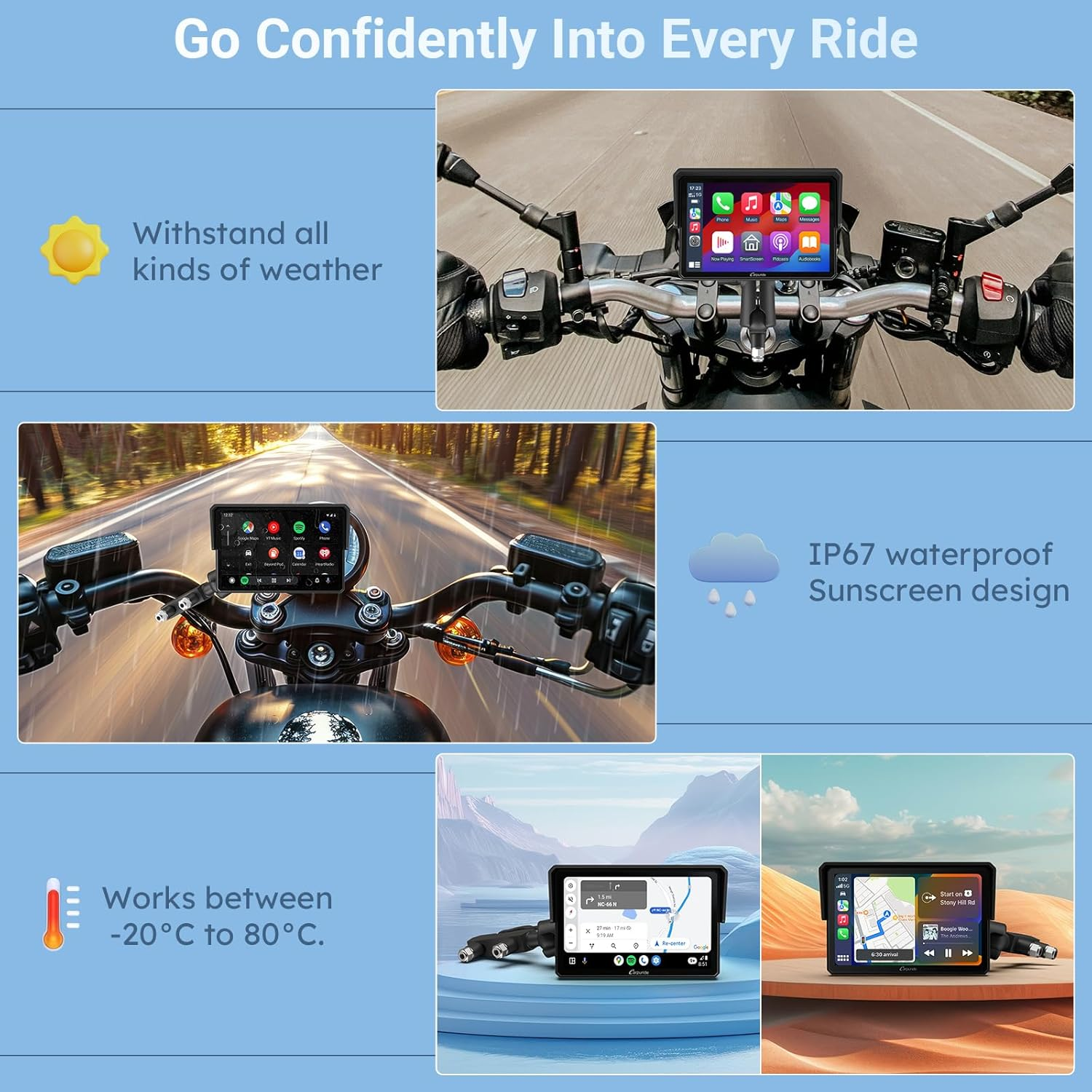 Carpuride W502 Motorcycle GPS Wireless Portable Carplay/Android Auto Waterproof Car Stereo, 5" IPS Touch Screen with Dual Bluetooth, Navigation/Siri/G00Gle Assistant for Motorbike image number 5