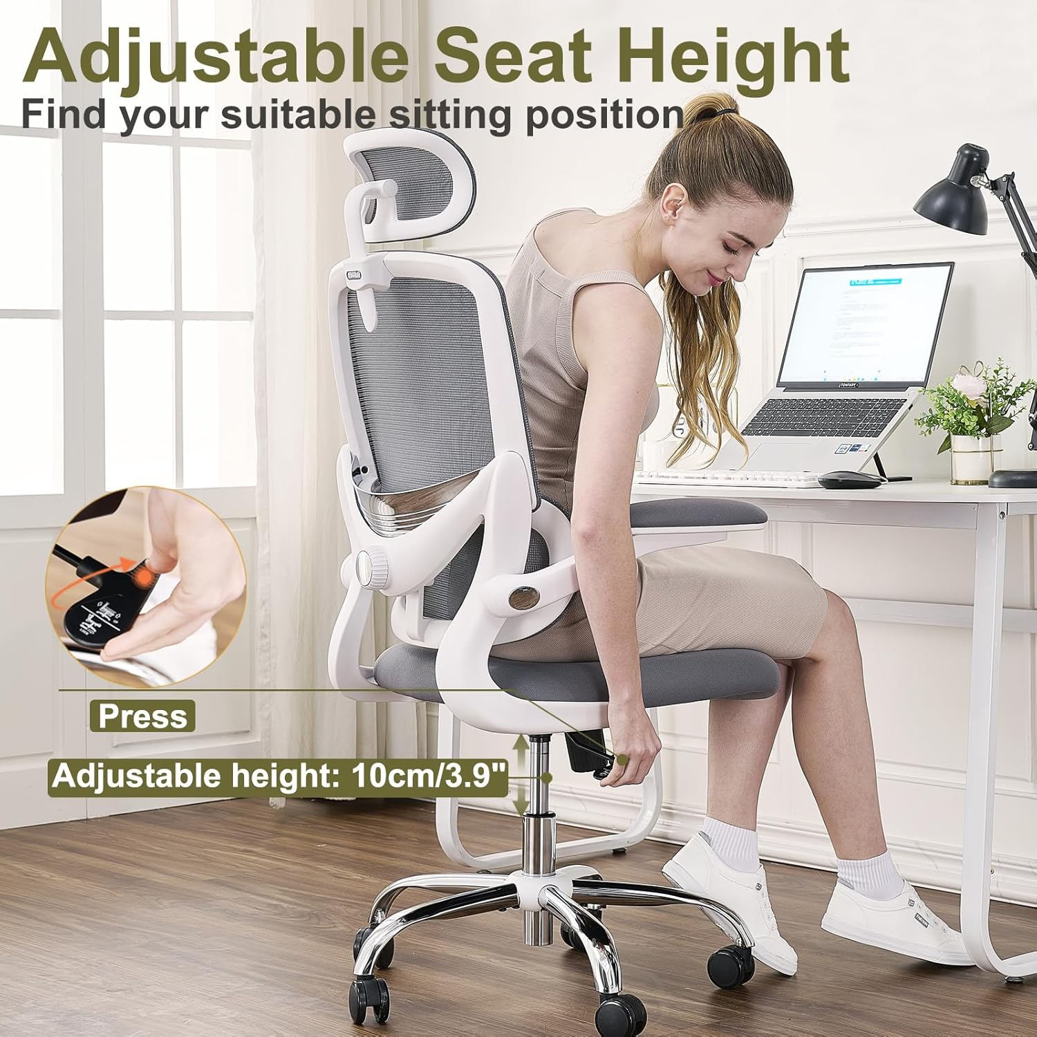 TONFARY Ergonomic Home Office Chair, High Back Mesh Desk Chair with Adjustable Lumbar Support, Flip-Up Armrest, Removable Headrest, Swivel Computer Gaming Chair, Space Saving, 150KG (White+Grey)