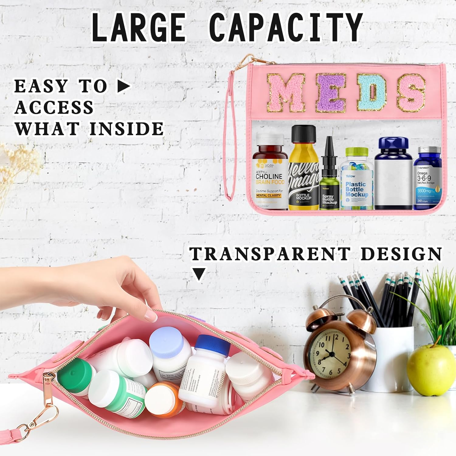 Chenille Letter Clear Zipper Flat Transparent Waterproof Cosmetic Bag Travel Makeup Bag with Zipper Toiletry Bag with Preppy Patch for Women and Kids, Medicines, Cosmetic Bag/Makeup Bag image number 1