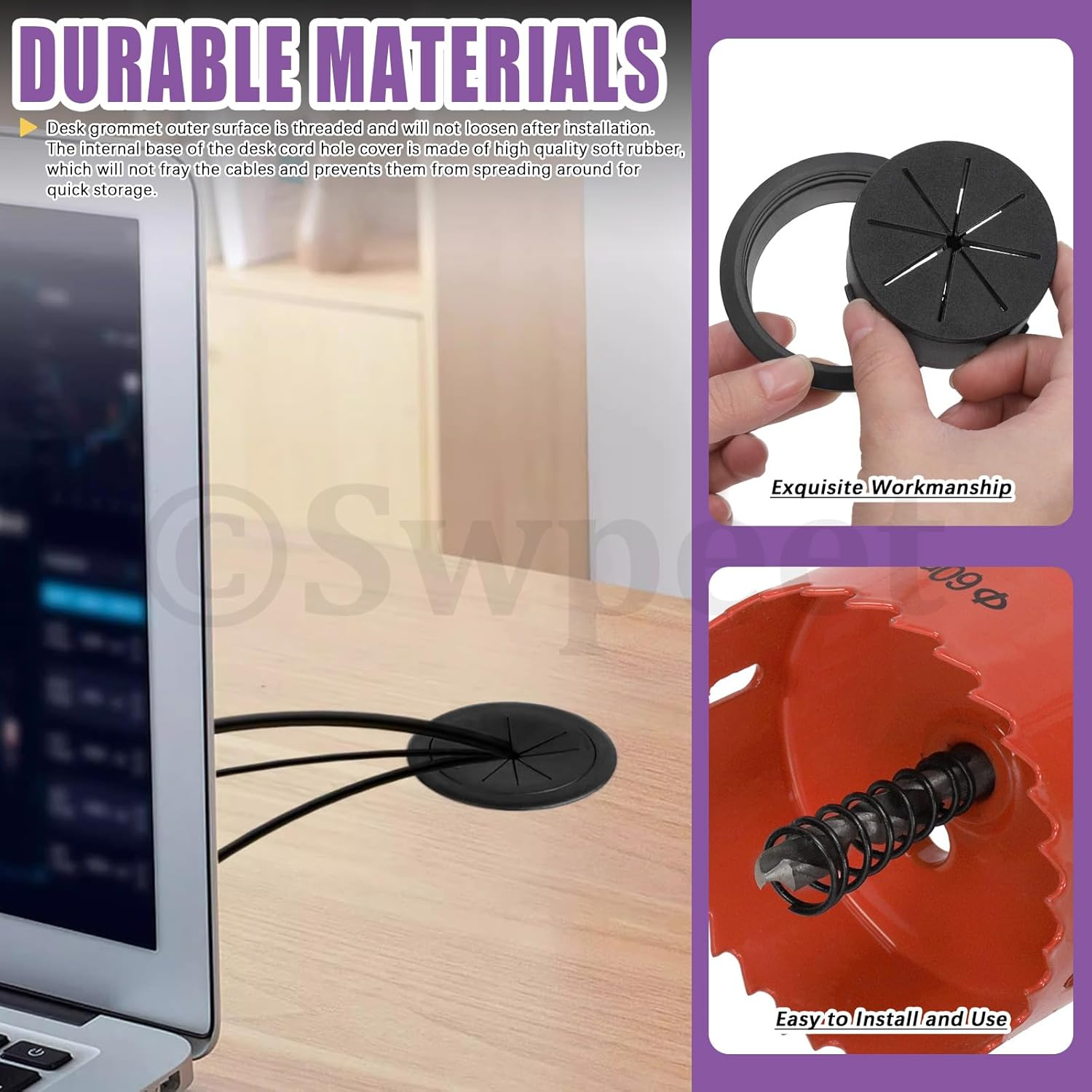 Swpeet 6Pcs 2.4 Inch (60Mm) Rubber Desk Grommet with Hole Saw, Flexible Cable Grommet, Desk Cable Hole Covers, Wire Hole Cover, Desk Cord Hole Cover for Desk Table Wire Pass through Wire Protection image number 3