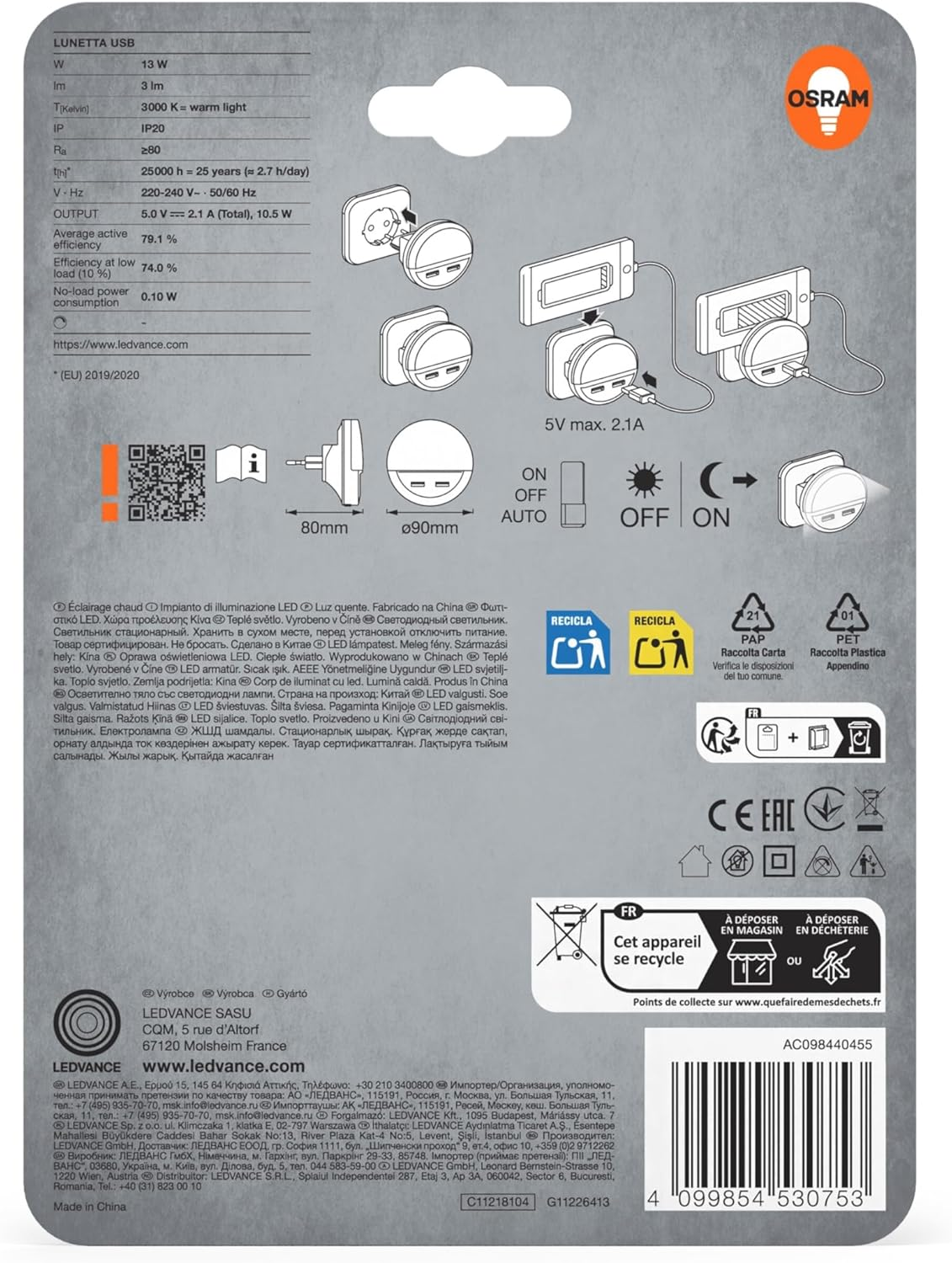 OSRAM Lunetta LED White Night Light with USB Output, Day Night Sensor, Integrated Mobile Phone Tray, Plug-In System, Warm White, IP20 image number 1