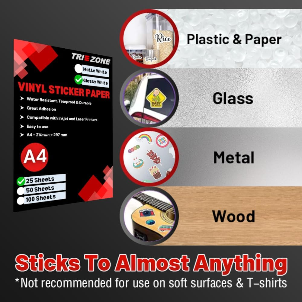 TRI ZONE Printable Vinyl Sticker Paper for Laser or Inkjet Printer, Glossy White, Waterproof, Tear Resistant, Self-Adhesive A4 Sheets, Premium Address Label Stickers, Quick Dry Vivid Colors (25) image number 2