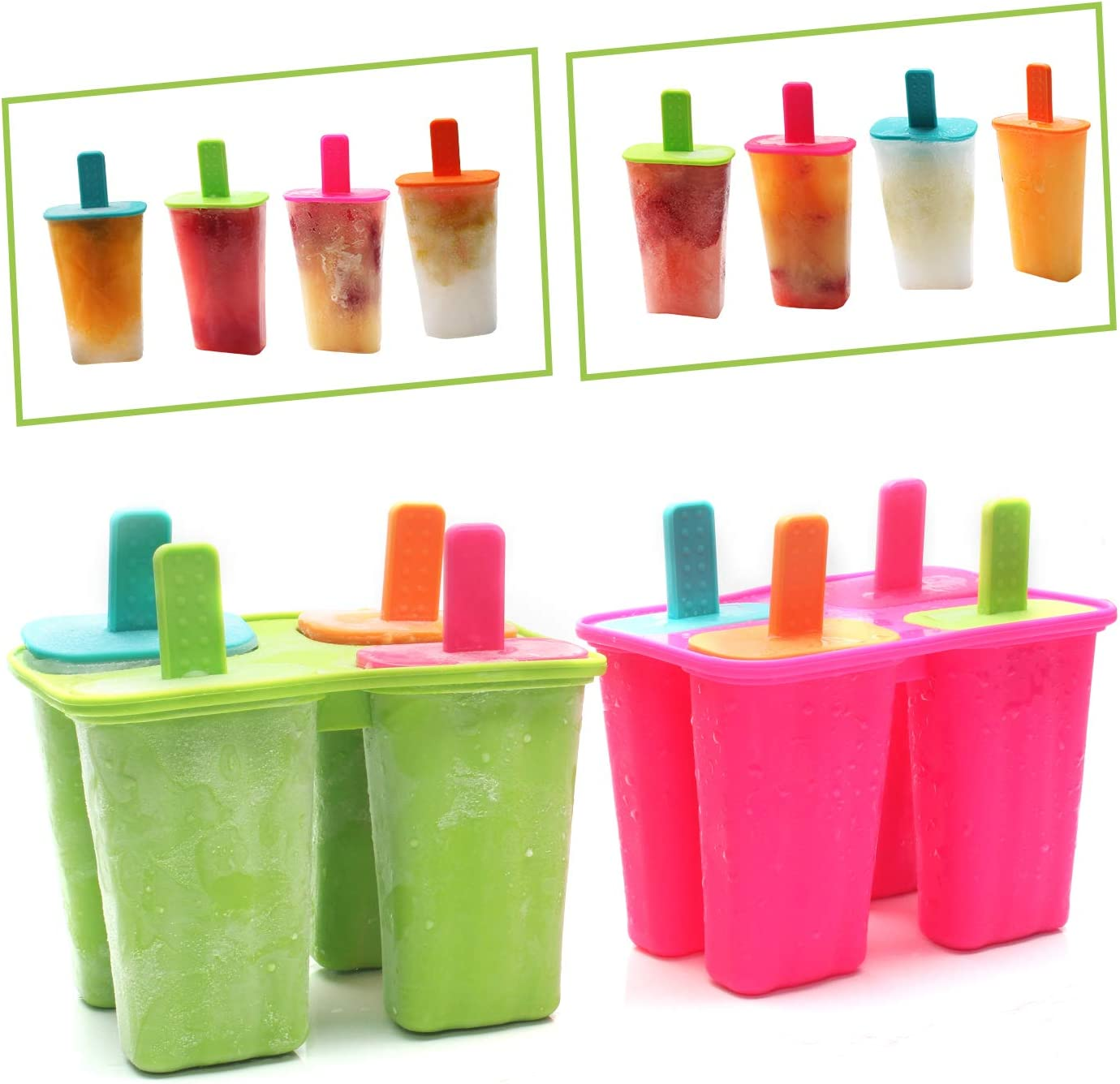 Ice Cream Mould, Silicone Popsicle Molds ICY Pop Molds BPA Free - Set of 8 - Food Grade Ice Cream Moulds Ice Pops Shapes for Homemade Popsicle, Dishwasher Safe (Pink + Green, 2 Pack) image number 2