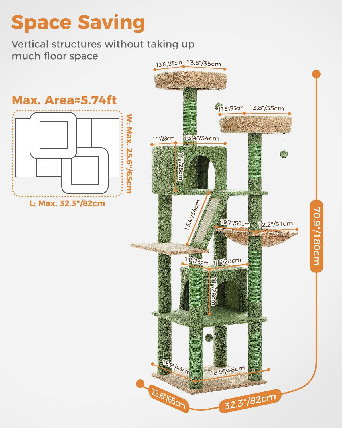PAWZ Road 180Cm Large Cat Tree for Indoor Cats, Multi-Level Cat Tower Cat Scratching Post with 2 Perches, 2 Condos, Hammock and 2 Pompoms Green - Green image number 6