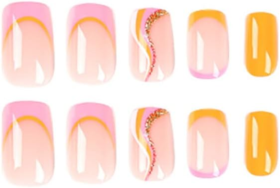 24 Pcs Swirl Square False Nails Short, Rainbow French Press on Nails with Wavy Pattern, Ballerina Acrylic Fake Nails Full Cover Stick on Nails 24Pcs for Women and Girls