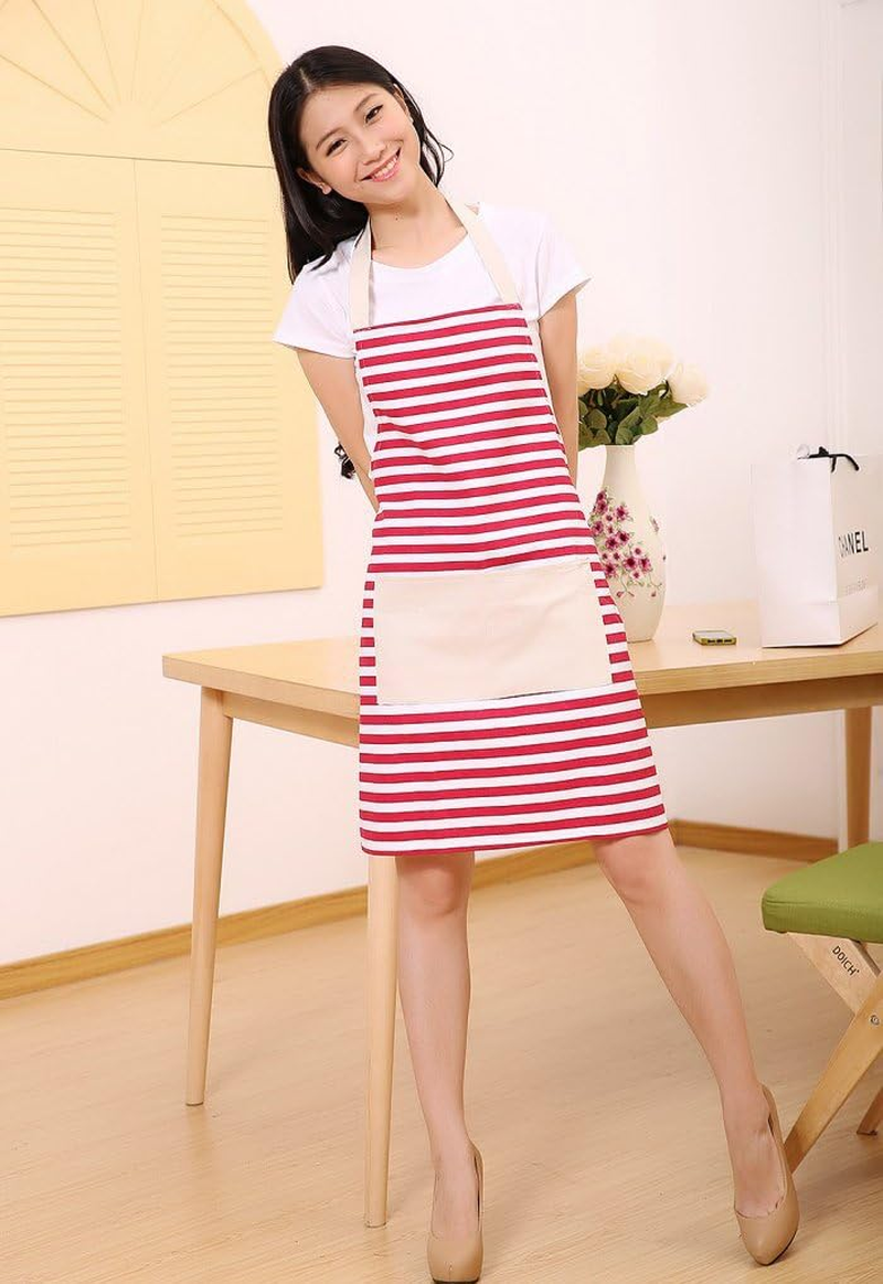 Cotton Canvas Women'S Apron with Pocket Kitchen and Cooking Aprons for Women Chef Apron for Cooking,Grill and Baking, Red and White Stripe image number 2