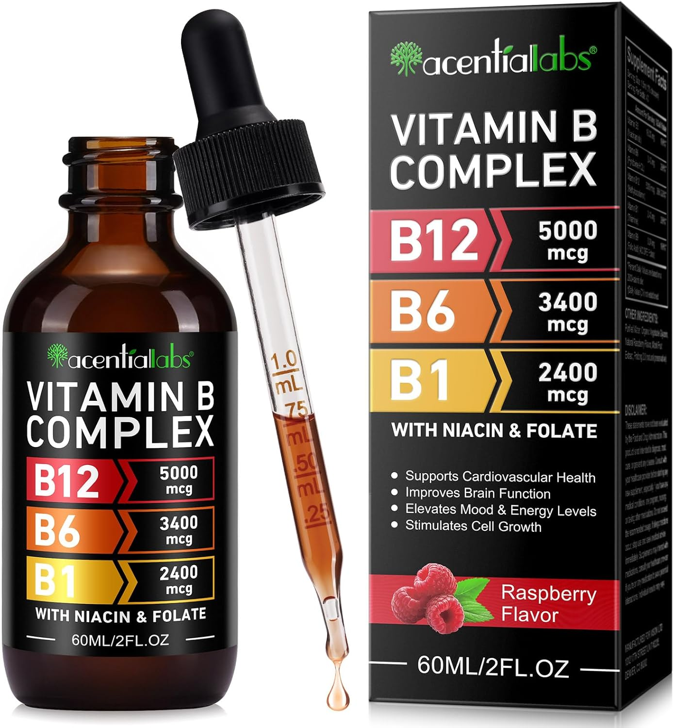 Vitamin B Complex Liquid Drops 60Ml | B12 5000 Mcg, B6 3400 Mcg, B1 2400 Mcg | Plant-Based B-Complex with Niacin & Folic Acid | Fast-Absorbing Sublingual Drops | Natural Raspberry Flavour image number 4
