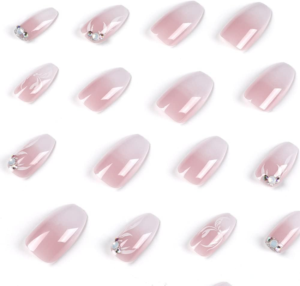 Medium Coffin Press on Nails with Designs, KXAMELIE Square Pink Flowers with Spring Butterfly Acrylic False Nails Gel Nude Nails for Sticking on for Women and Girls, Pack of 24 image number 1