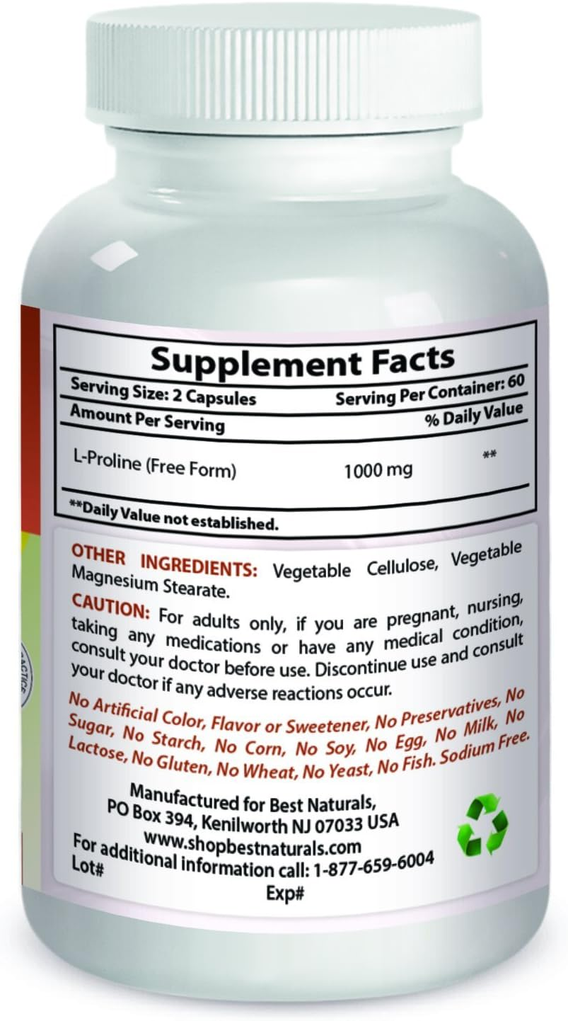 Best Naturals L-Proline Amino Acid Dietary Supplement 500 Mg, 120 Count image number 1