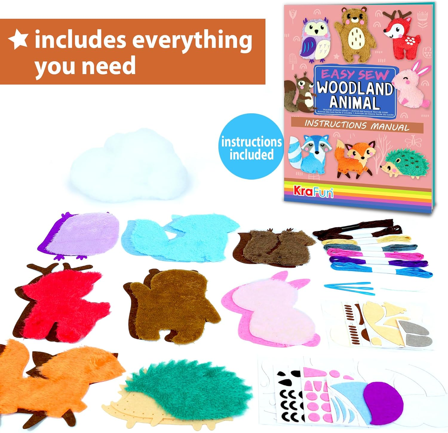 KRAFUN Woodland Animals Sewing Kit for Kids 5+ Years, 8 DIY Stuffed Dolls (Bear, Bunny, Fox, Owl, Deer), Felt, Instructions, Educational Craft Toy image number 3