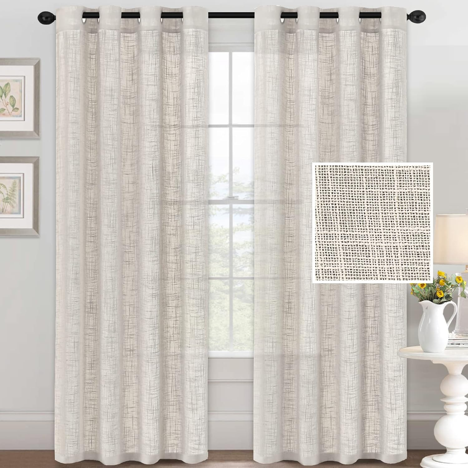 H.VERSAILTEX Linen Curtains for Living Room Sheer Curtains Natural Linen Blended Linen Textured Curtains Light Filtering Eyelet Curtains Bedroom Burlap Curtains 2 Panel, W132Cm X D243Cm, Natural