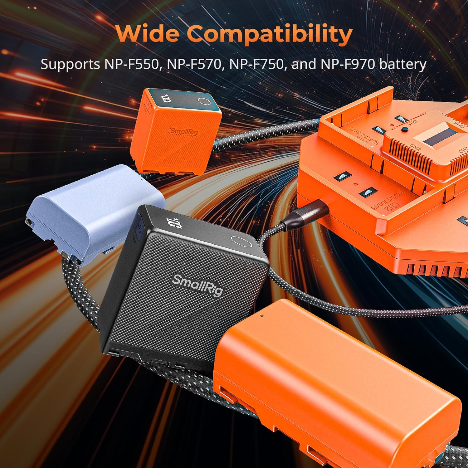 Smallrig NP-F970 4-Channel Camera Battery Charger, with PD100W Fast Charging, OLED Display, Compact NP-F Battery Charger for Sony NP-F970, NP-F750, NP-F550, NP-F570, Orange - 4837 image number 4